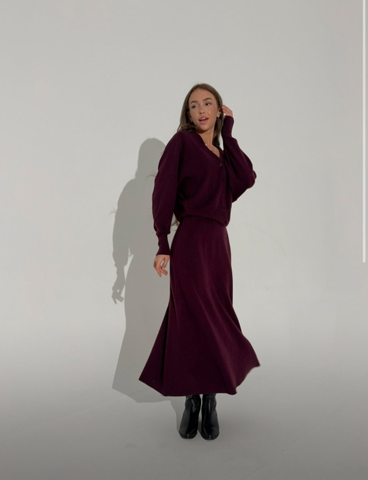 Burgundy Buttoned Sweater and Matching Skirt Set