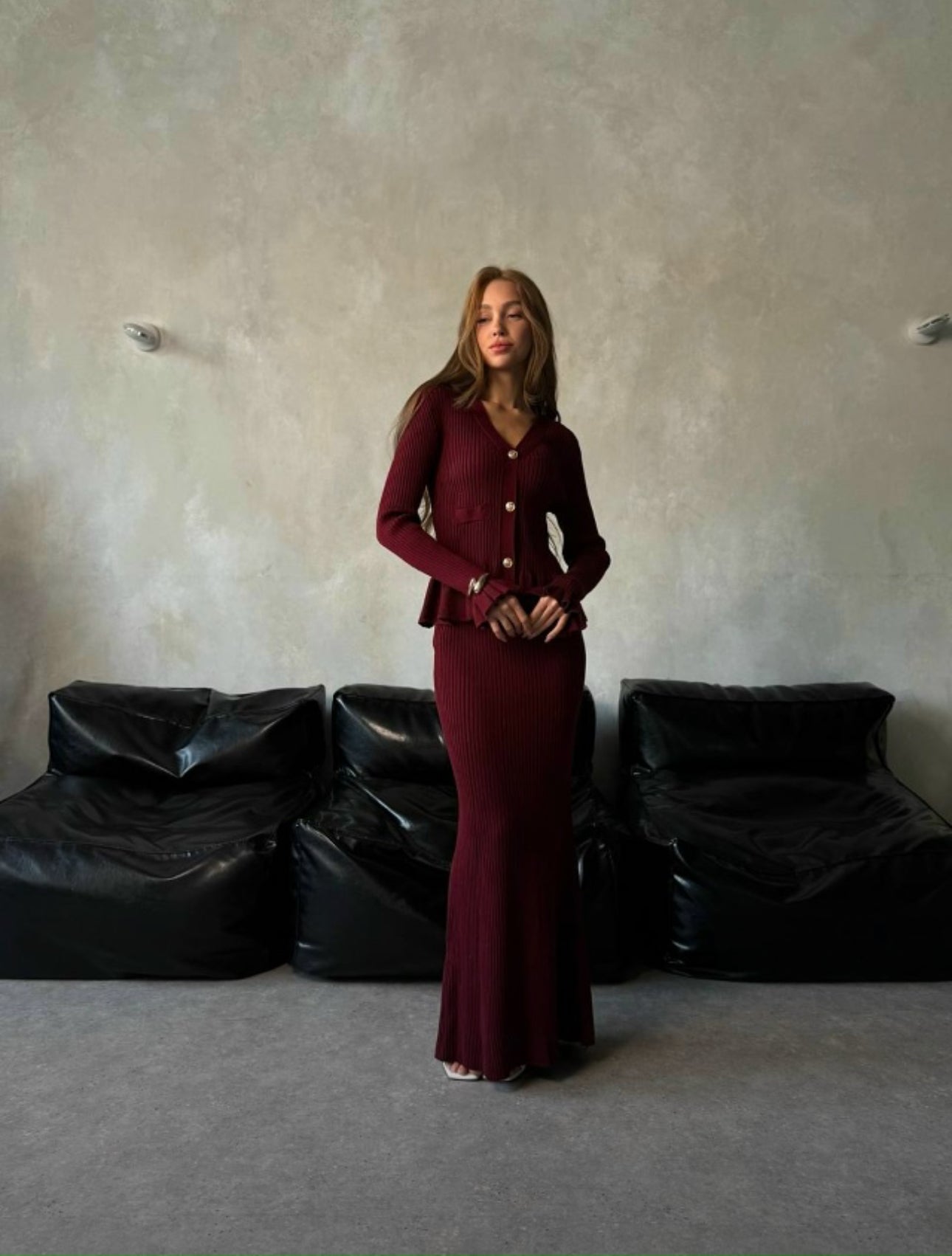 Long Burgundy Button-Down Dress with Long Sleeves