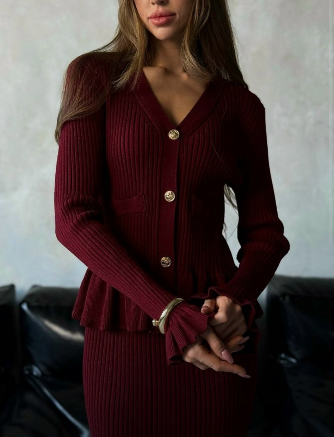 Long Burgundy Button-Down Dress with Long Sleeves