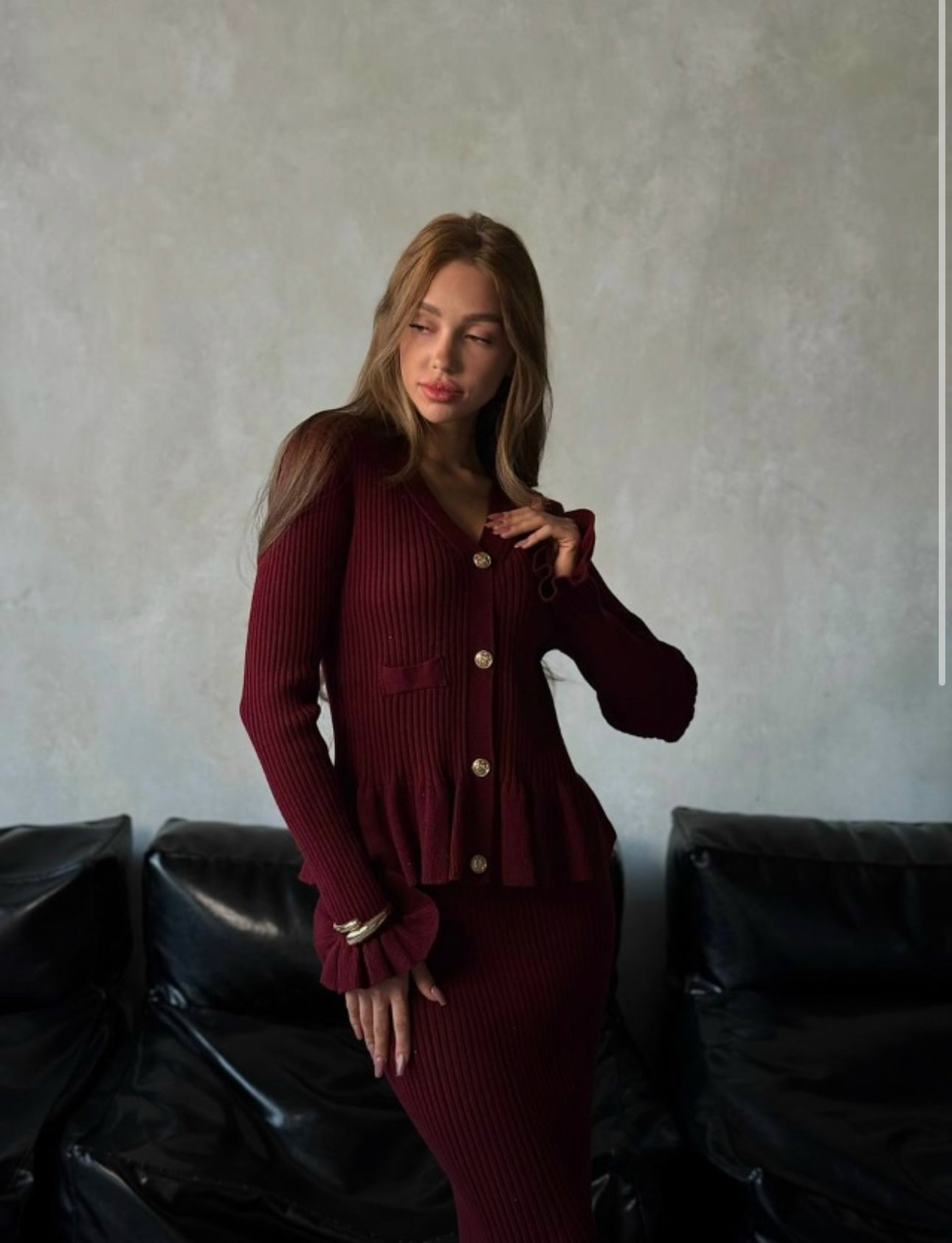 Long Burgundy Button-Down Dress with Long Sleeves