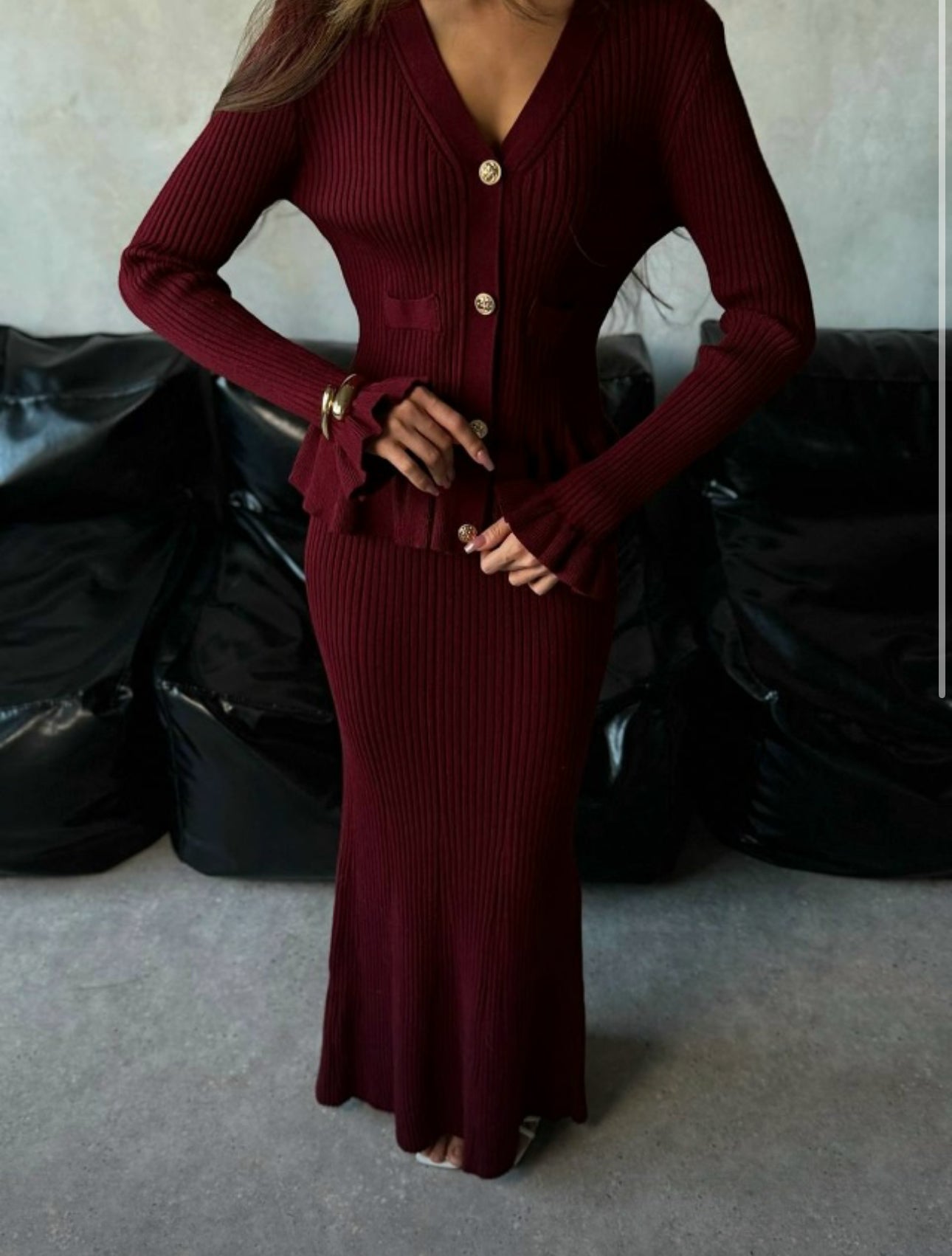 Long Burgundy Button-Down Dress with Long Sleeves