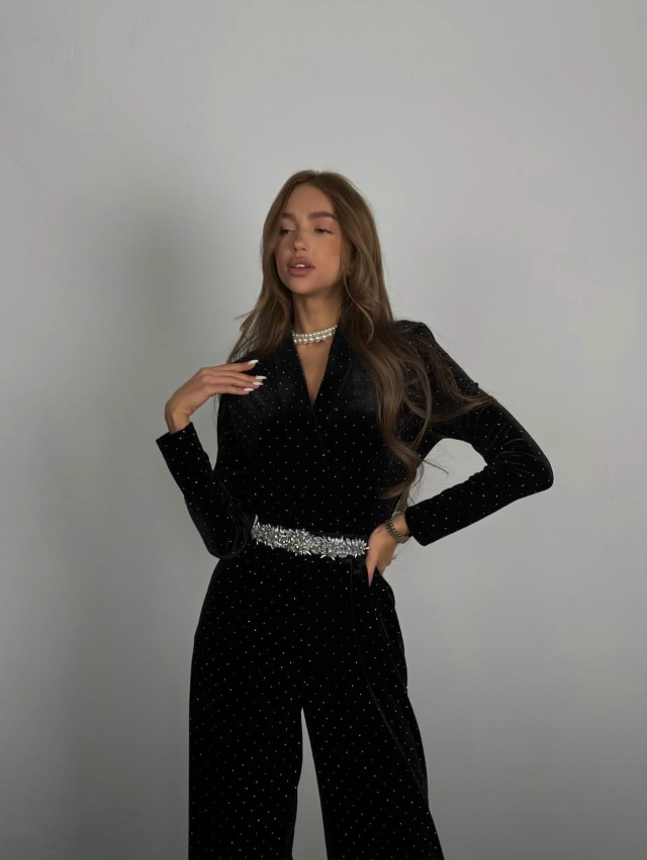 Black Jumpsuit with Rhinestone Belt