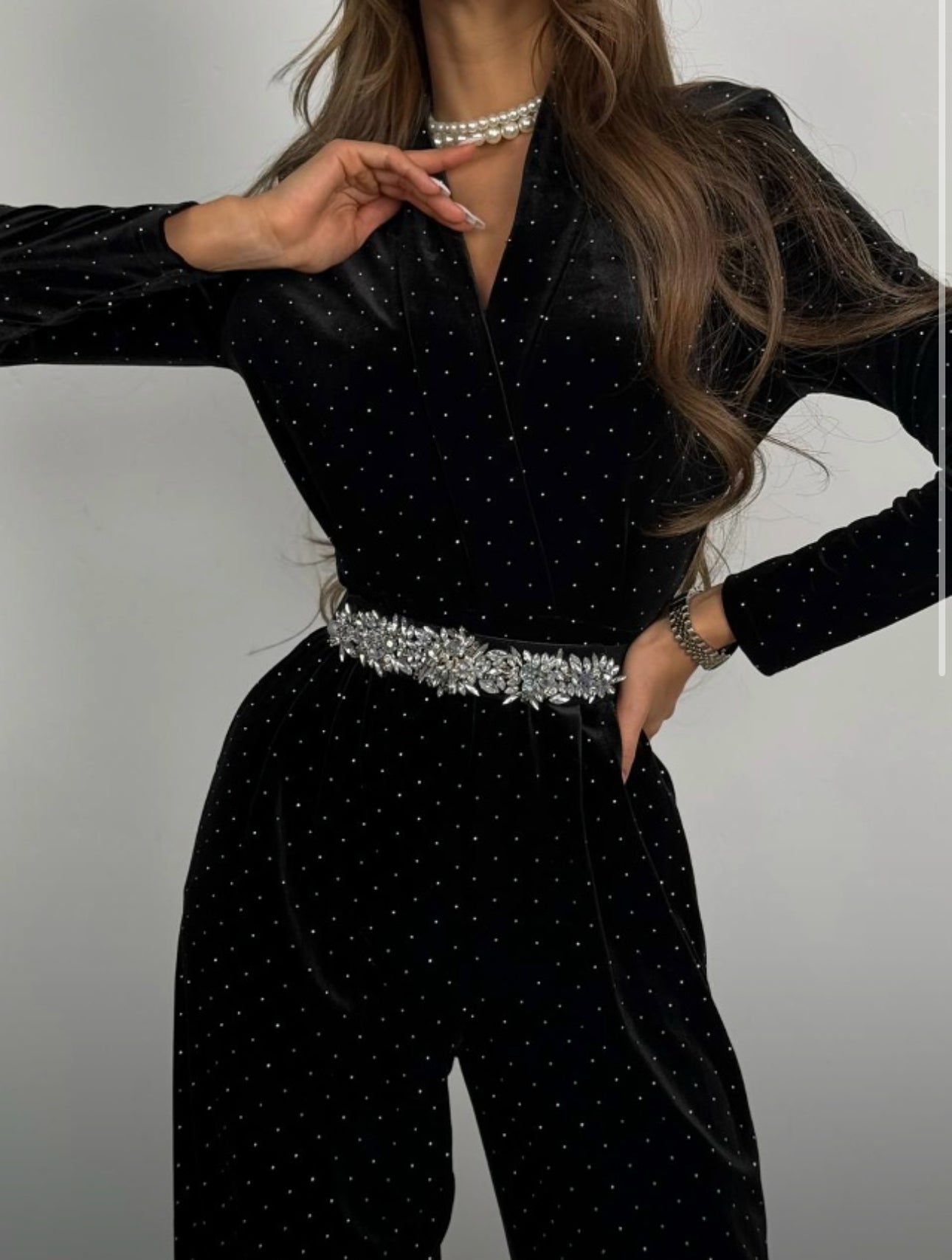 Black Jumpsuit with Rhinestone Belt