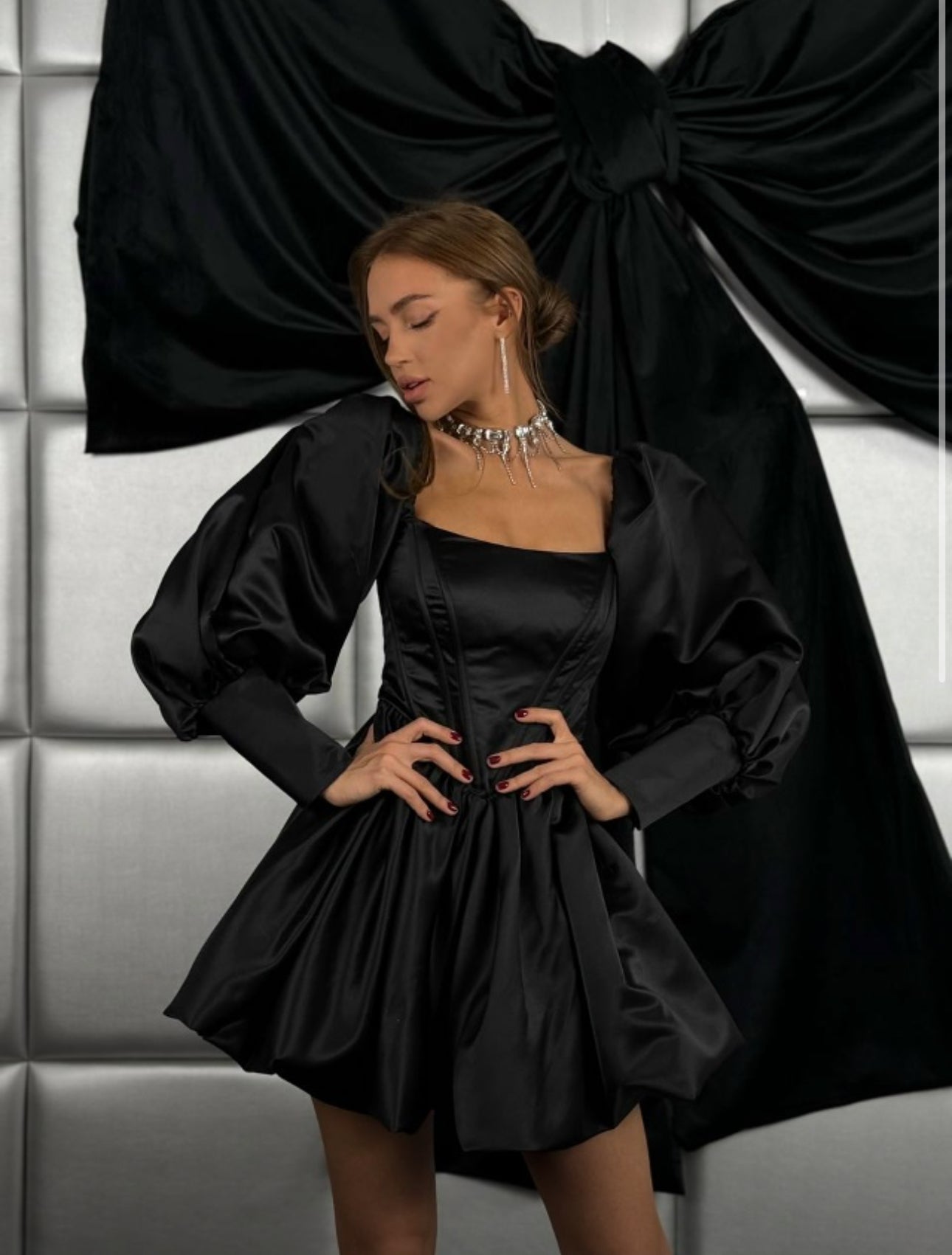 Black Flared Dress with Puff Sleeves