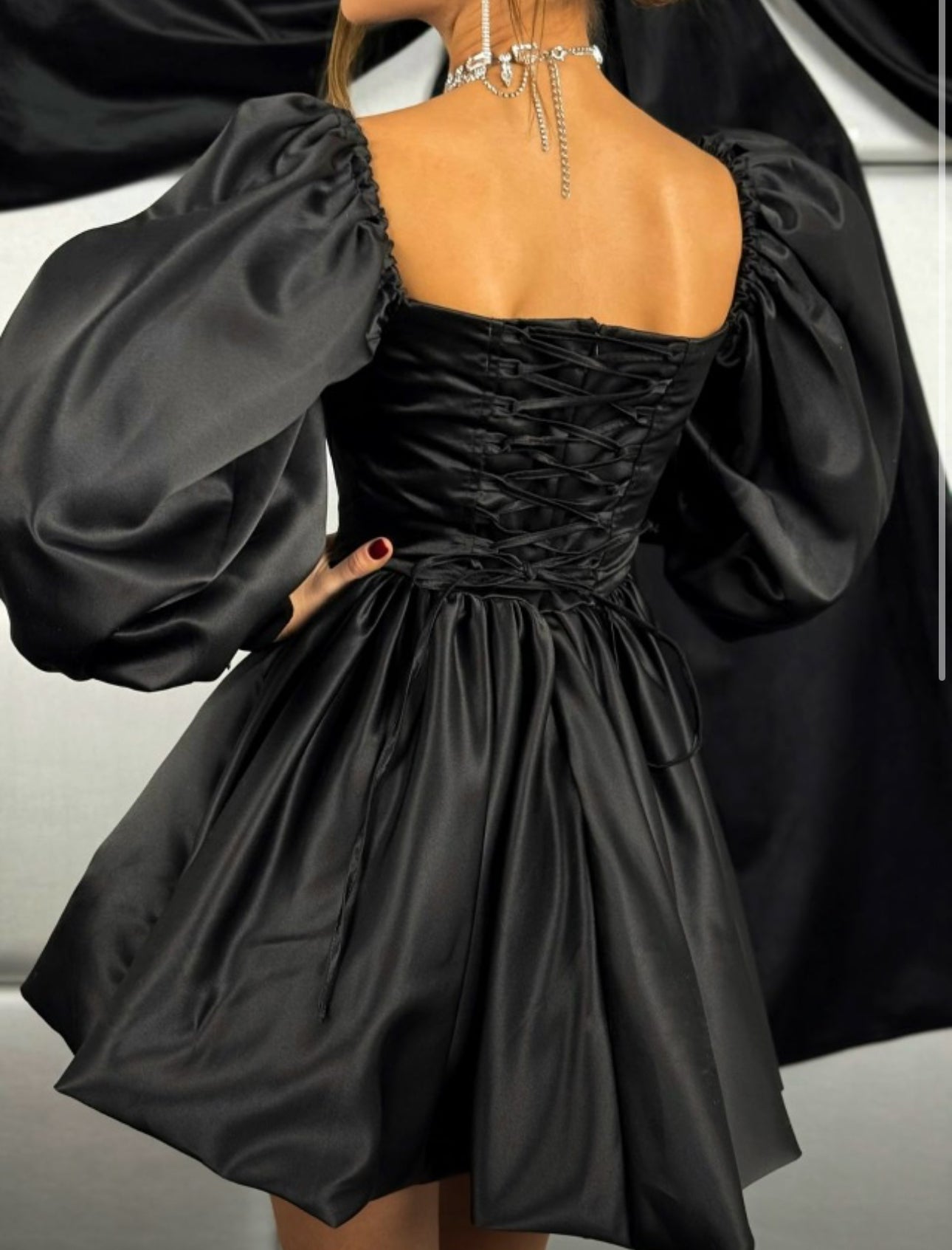 Black Flared Dress with Puff Sleeves