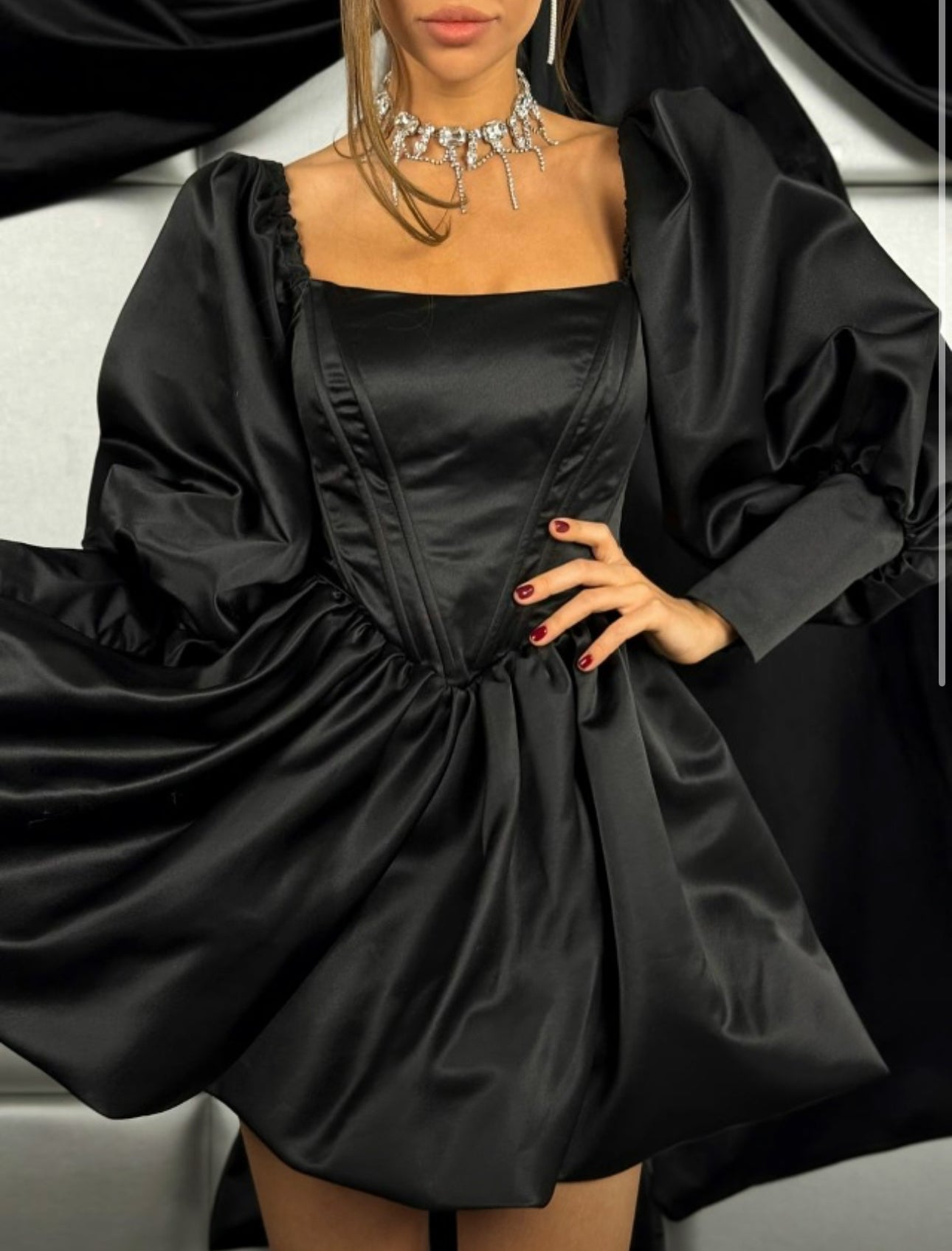 Black Flared Dress with Puff Sleeves