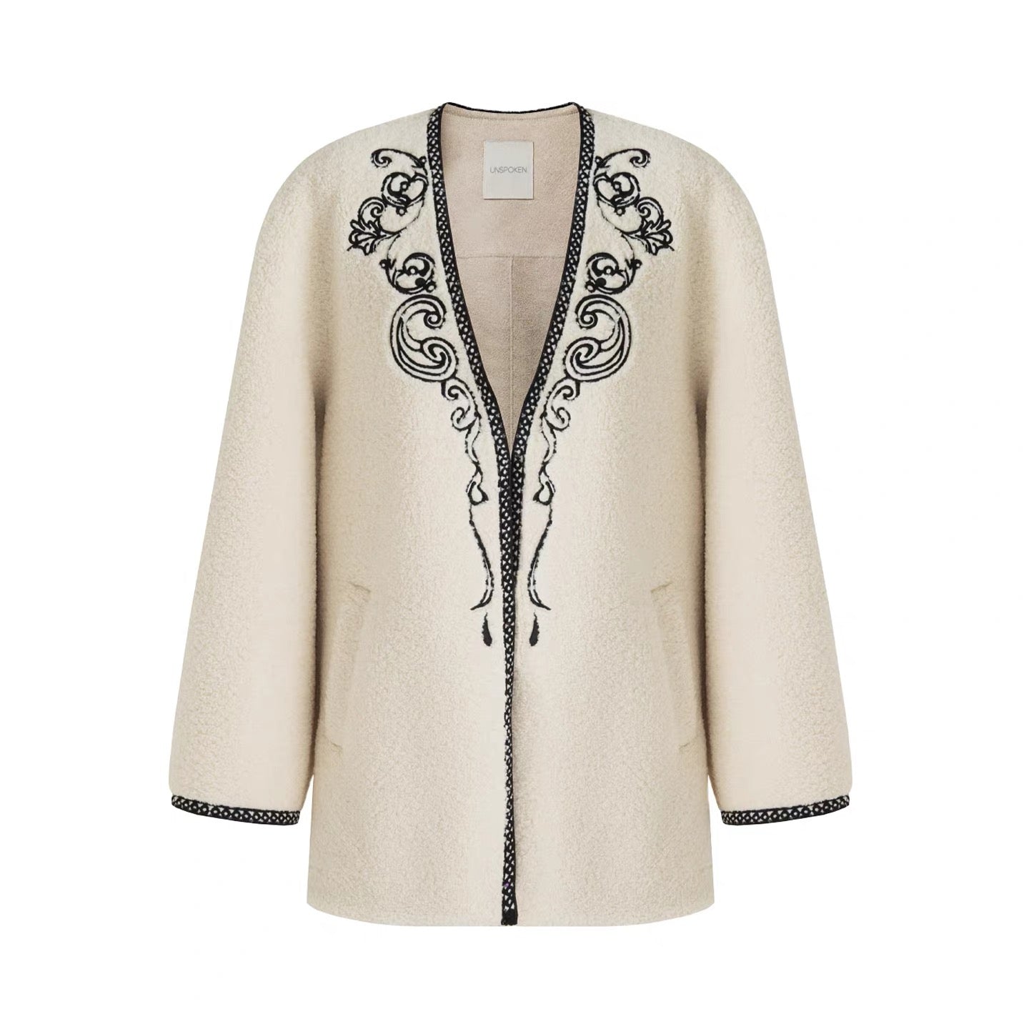 Embroidered V-Neck Short Wool Jacket