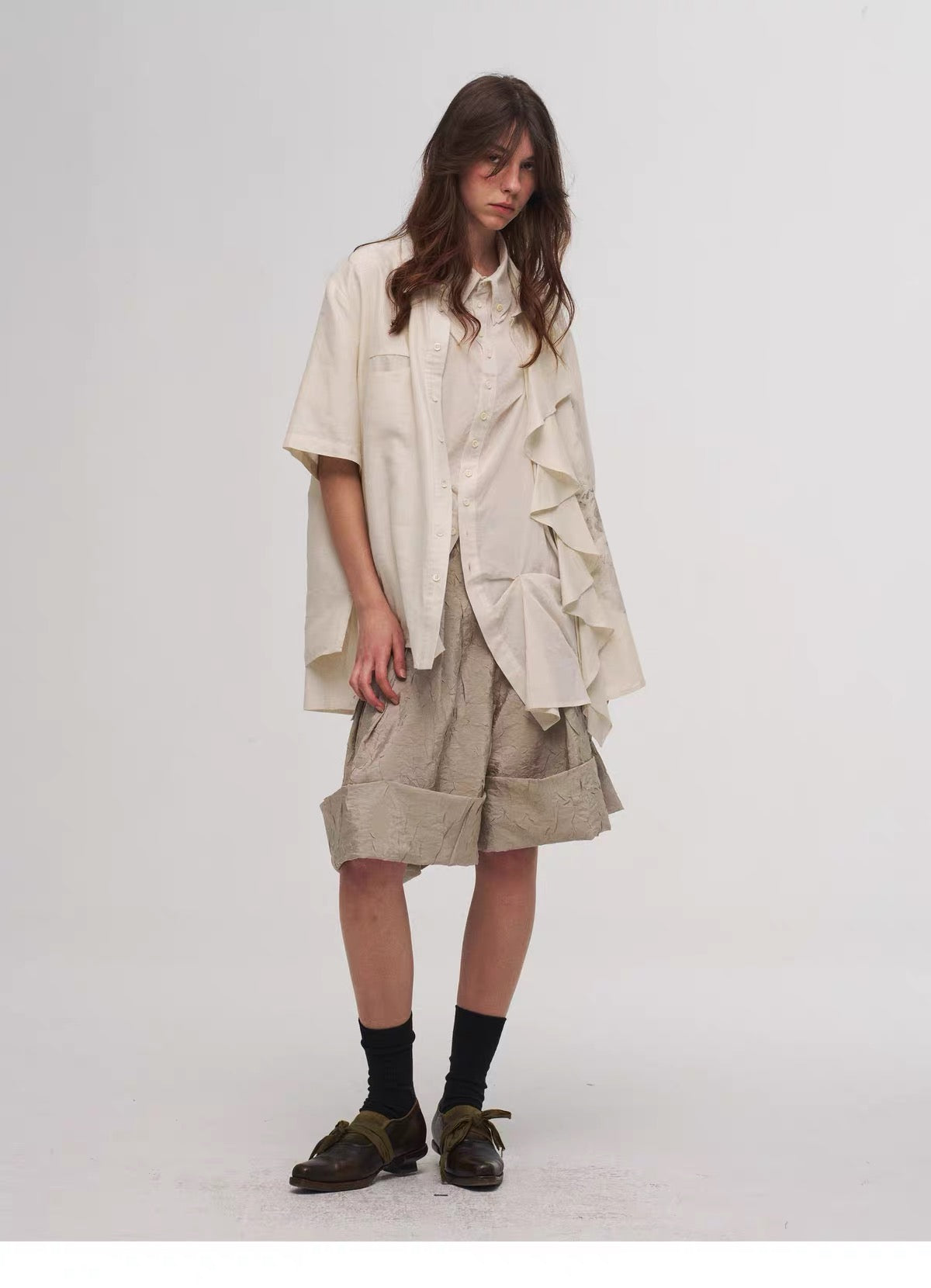 Beige High-Waisted Rolled Hem Shorts