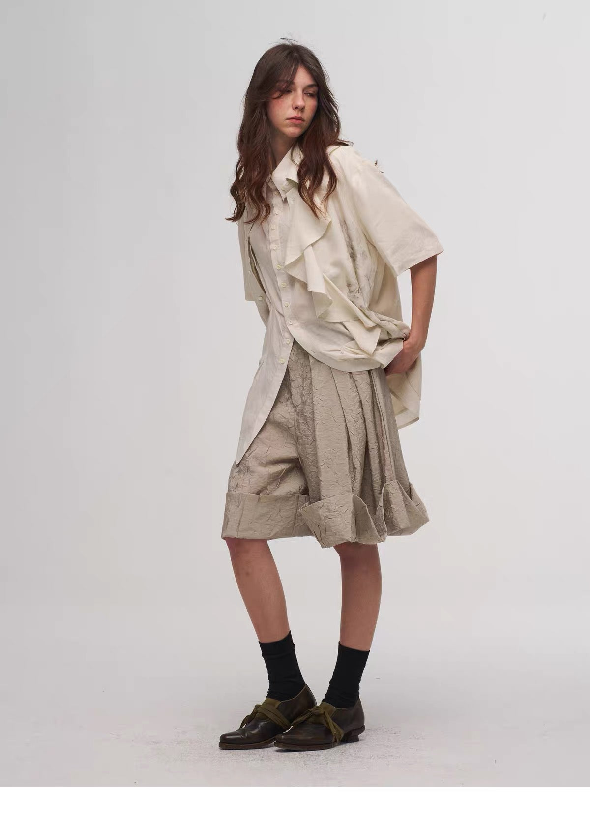 Beige High-Waisted Rolled Hem Shorts