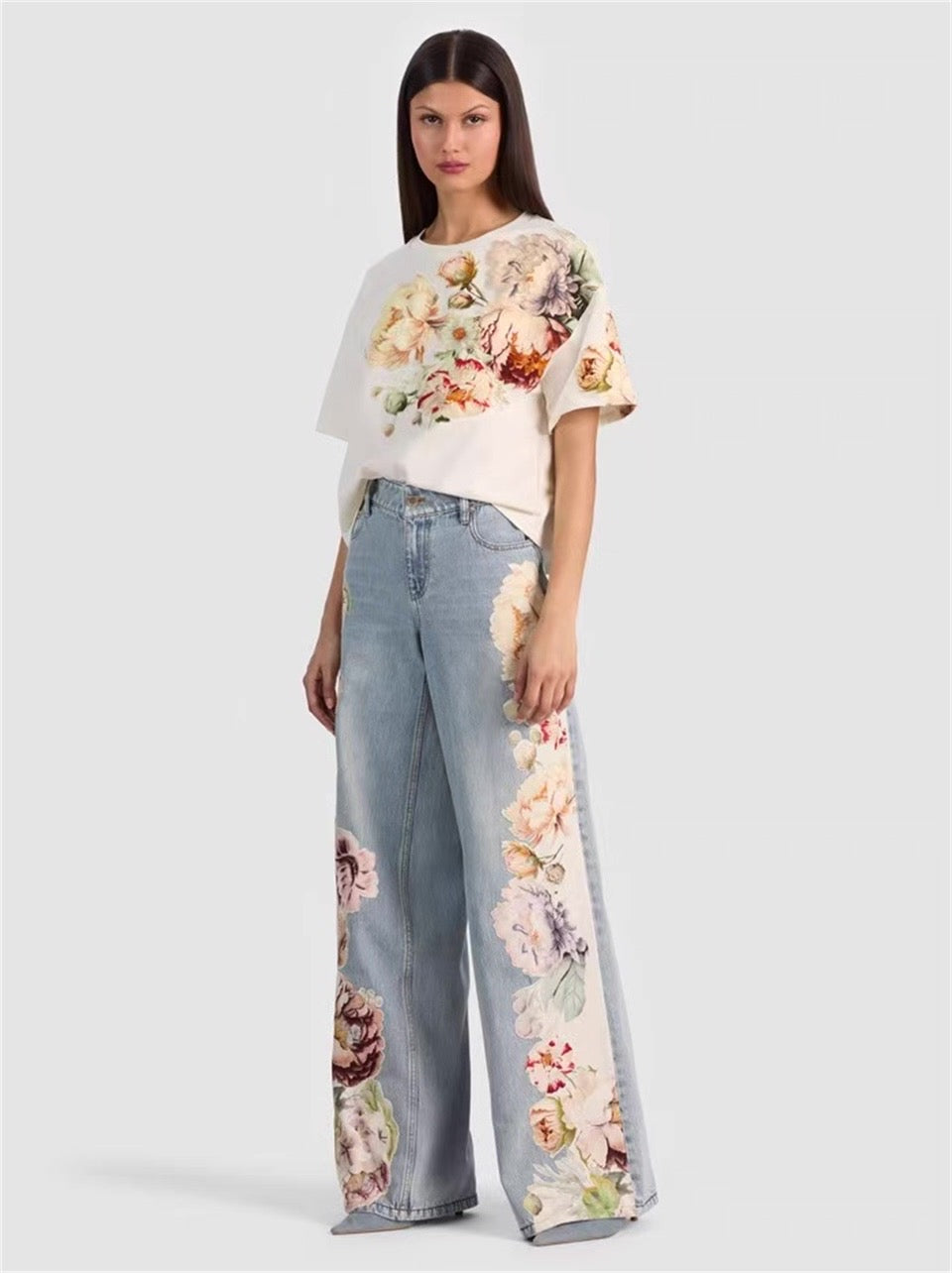 White Floral Oversized Short Sleeve Tee