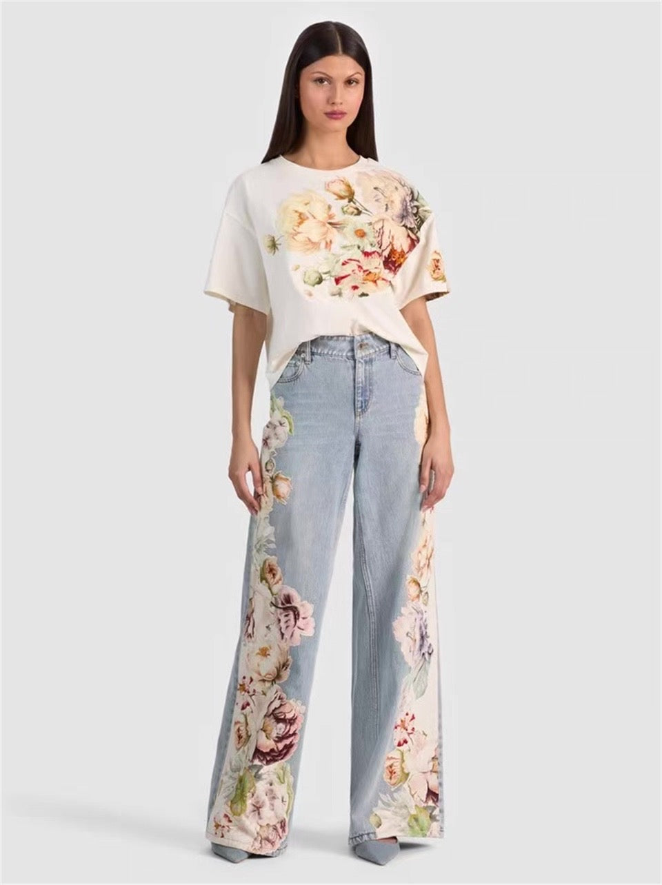 Floral Print Wide-Leg Jeans