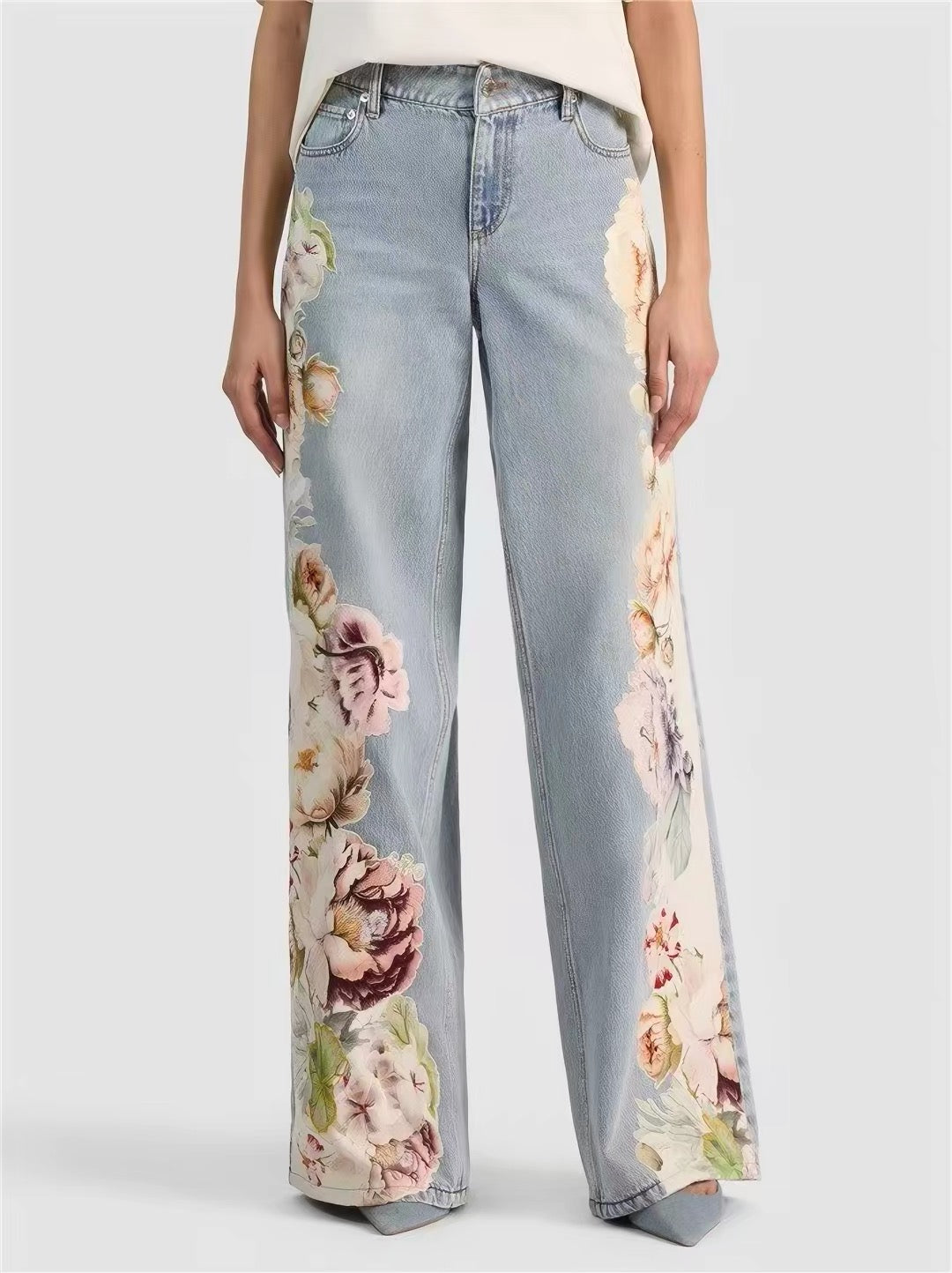 Floral Print Wide-Leg Jeans