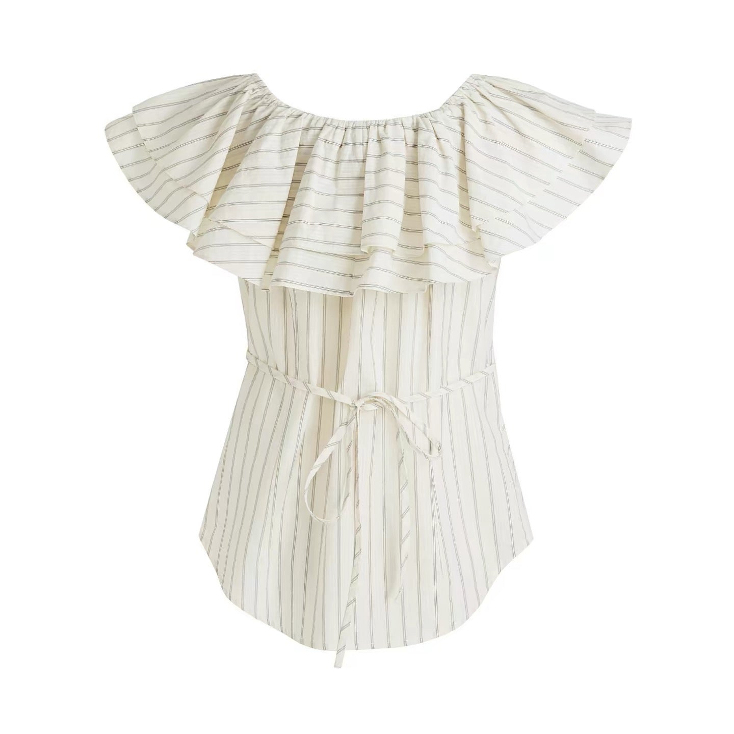 White Striped One-Shoulder Ruffle Blouse