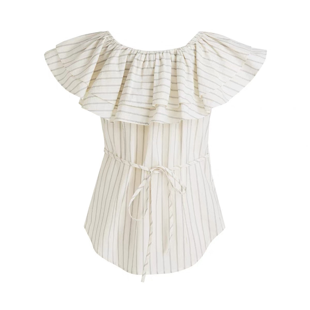 White Striped One-Shoulder Ruffle Blouse