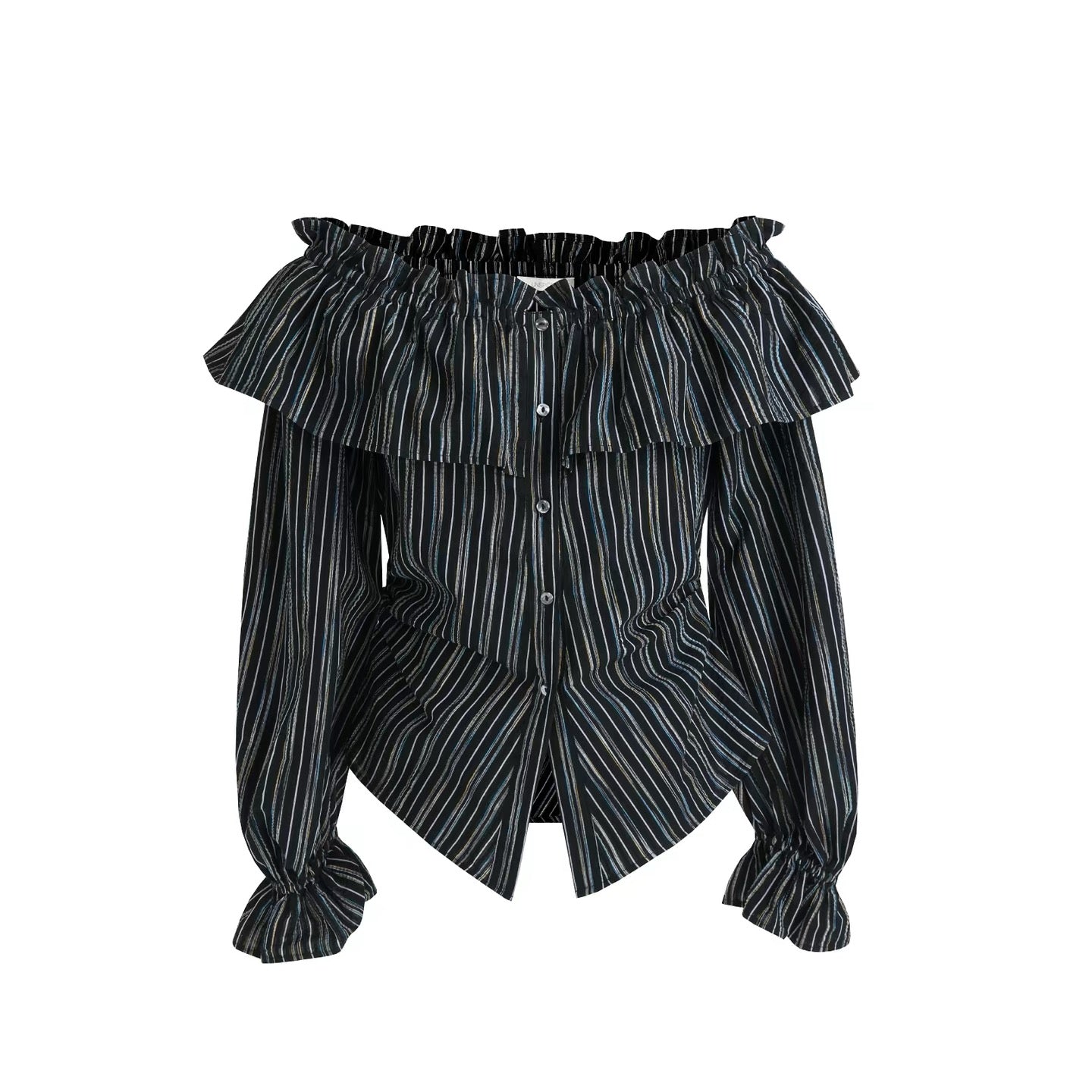 Black Striped One-Shoulder Ruffle Blouse