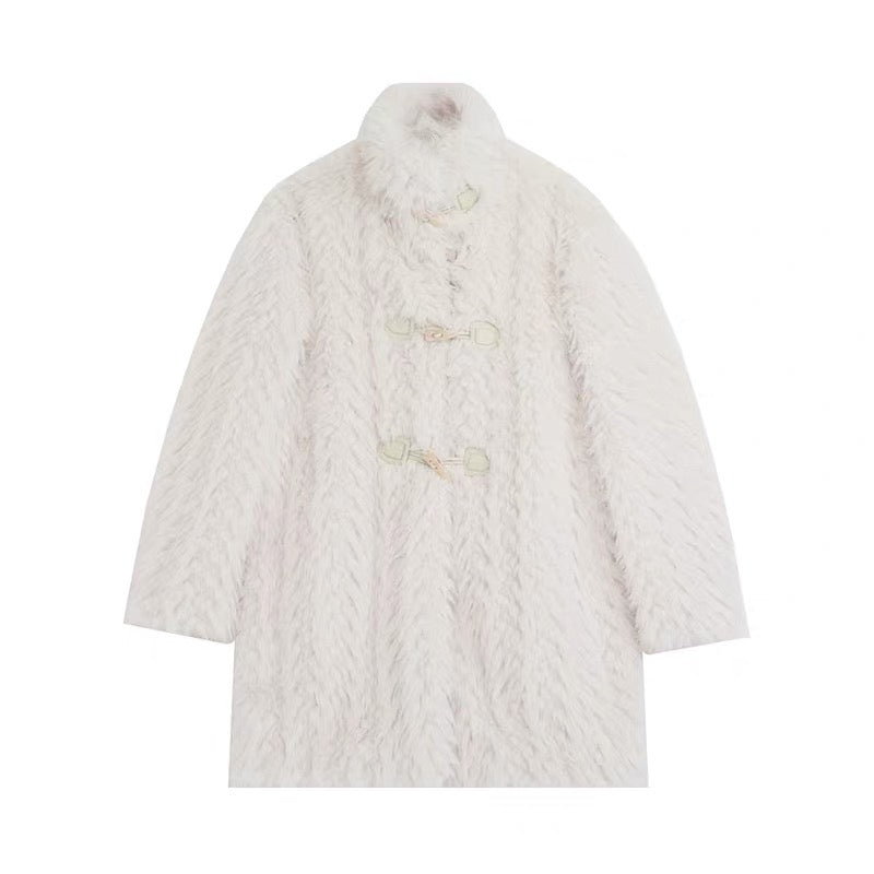 Cream Faux Fur Horn Buckle Coat