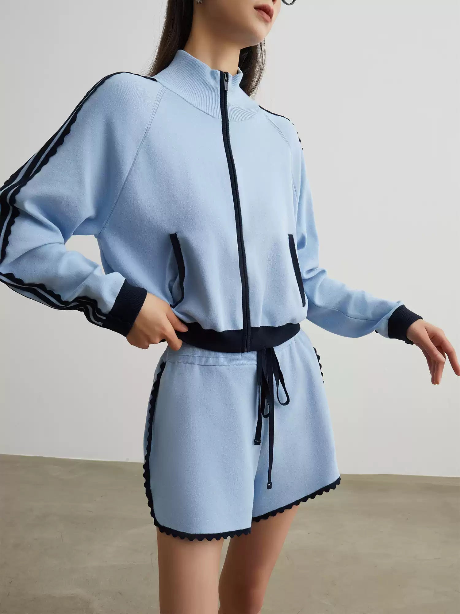 Blue & Black Zip-Up Training Set with Shorts