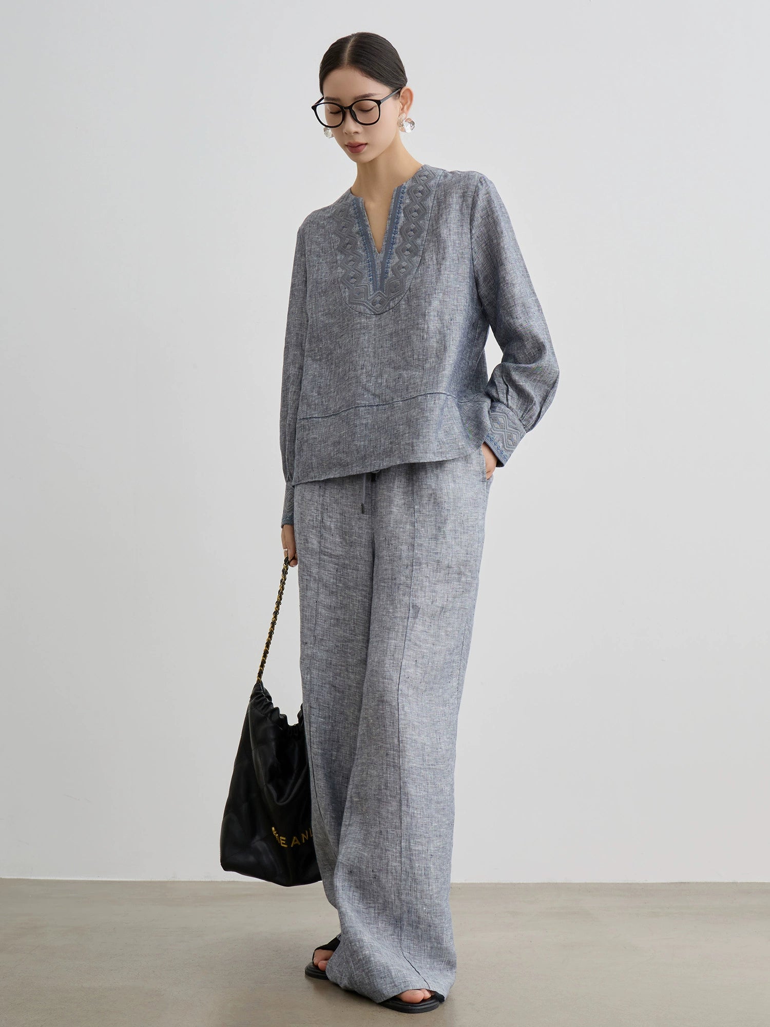 Grey Washed Linen Embroidered Set