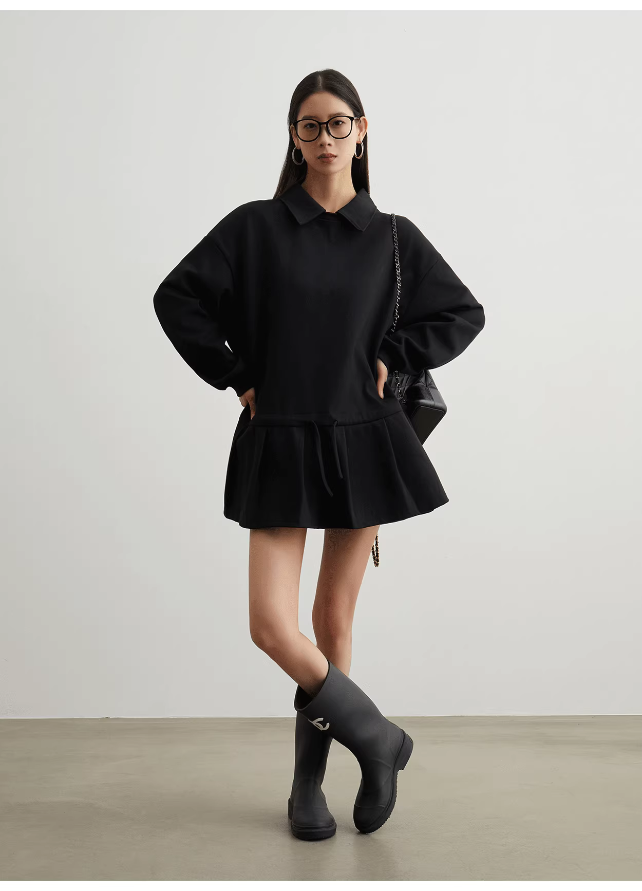Black pleated polo T-shirt dress