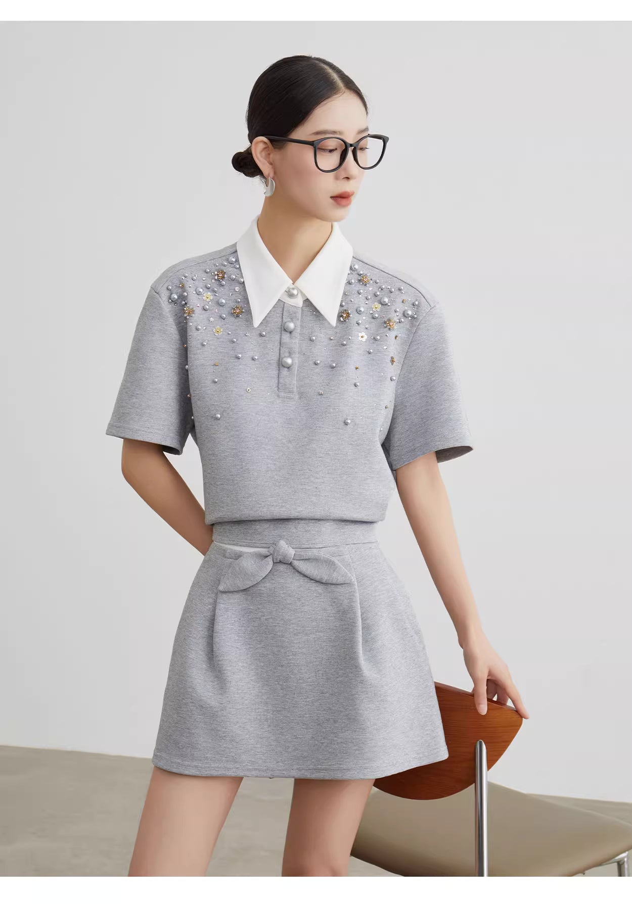 Grey polo knit top + skirt set