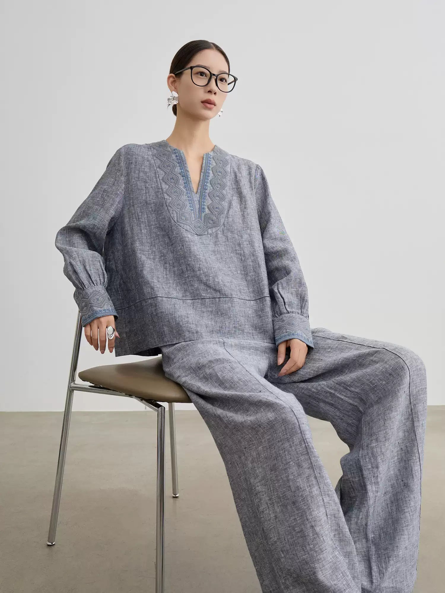 Grey Washed Linen Embroidered Set