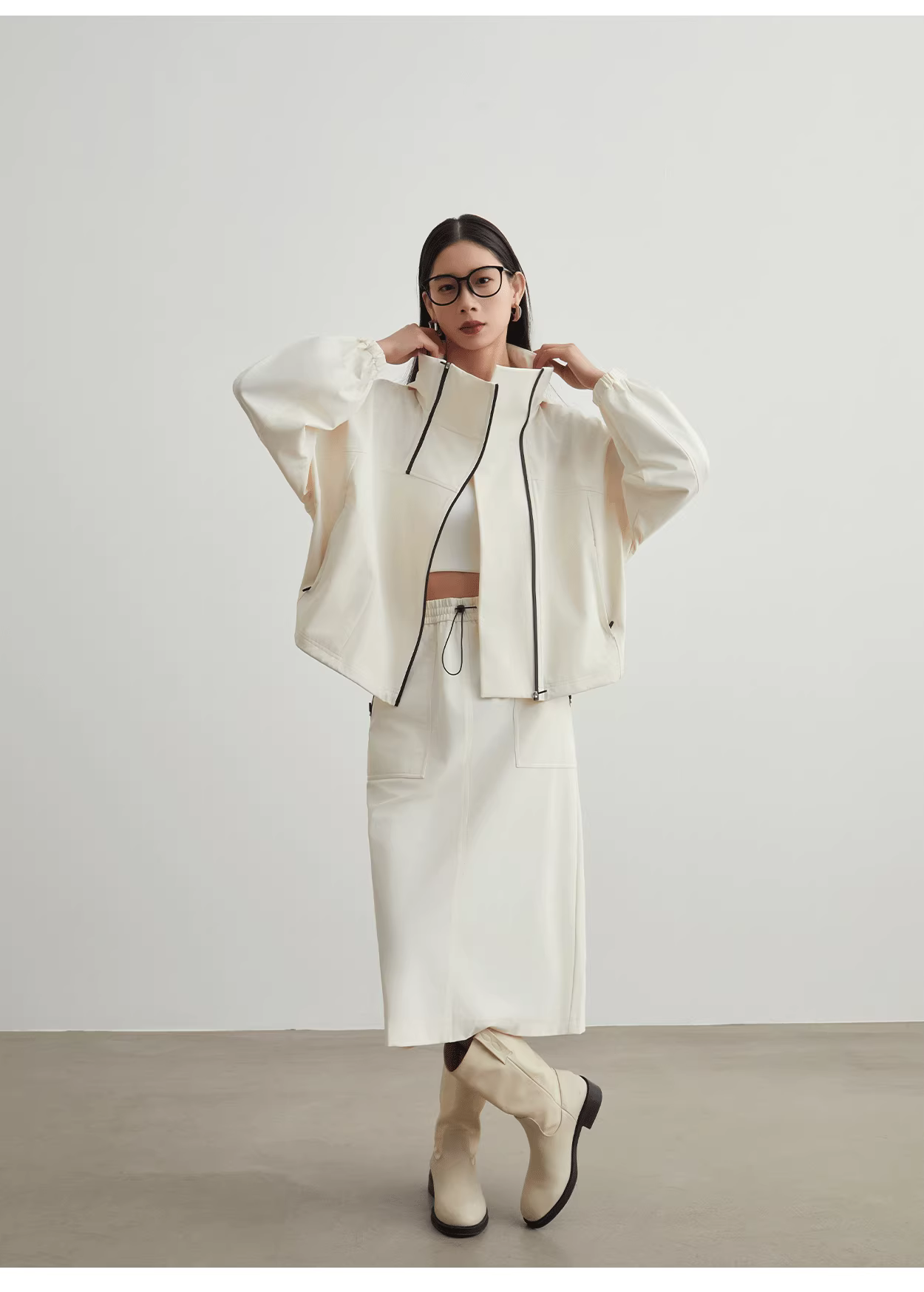 White asymmetrical jacket + skirt set