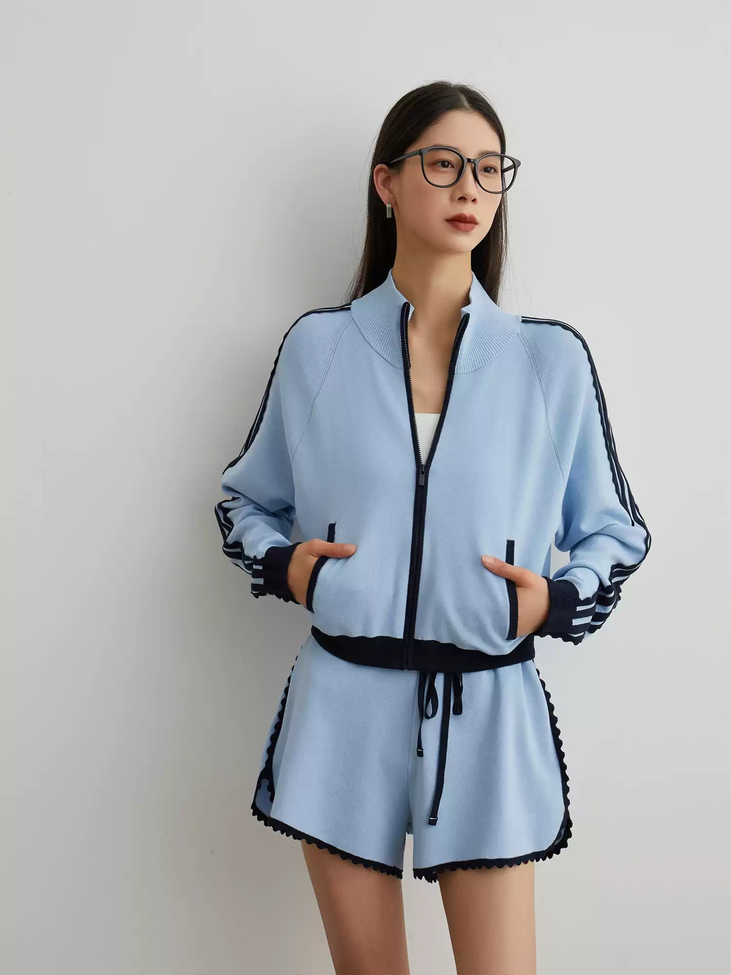 Blue & Black Zip-Up Training Set with Shorts