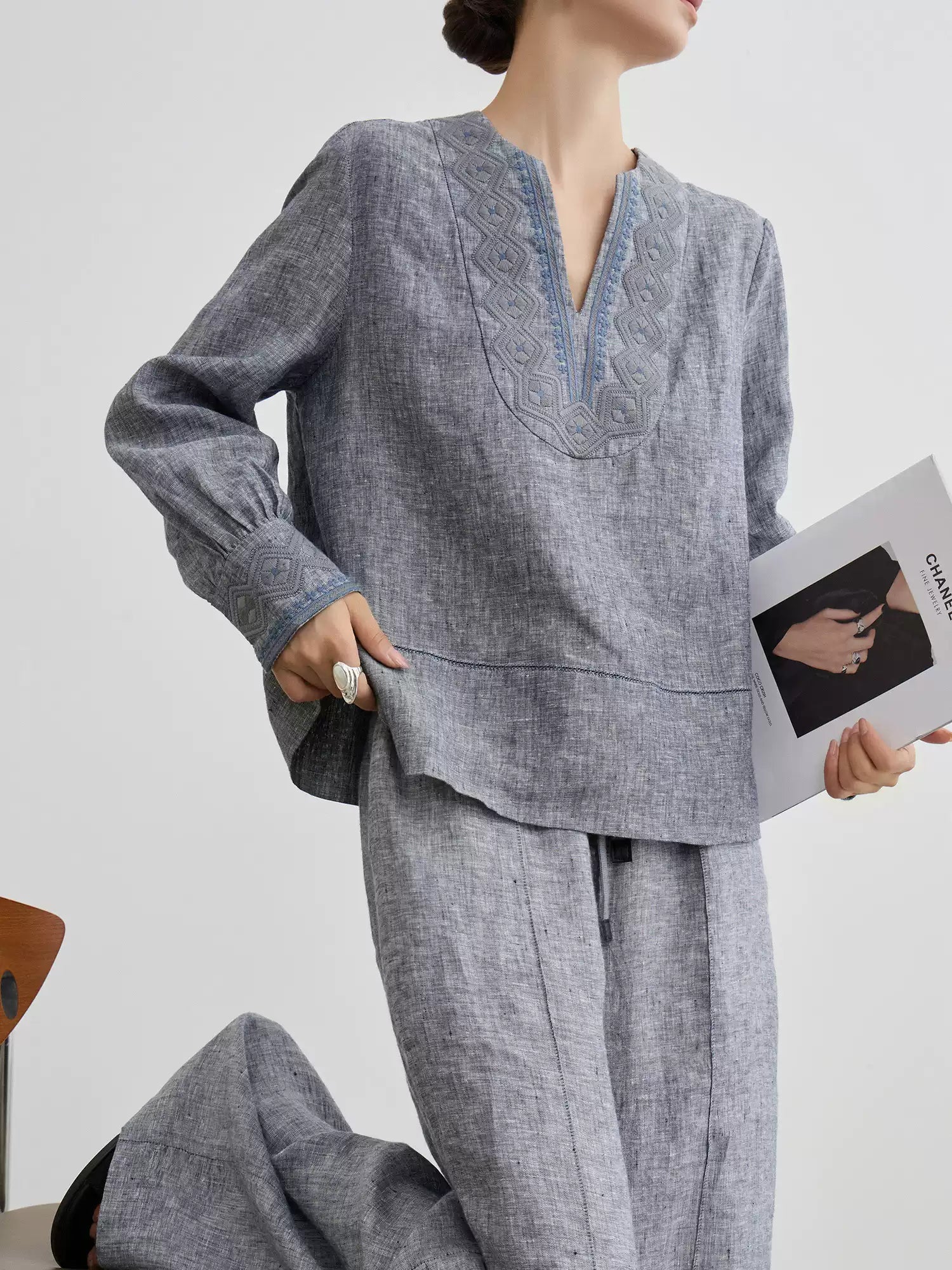 Grey Washed Linen Embroidered Set