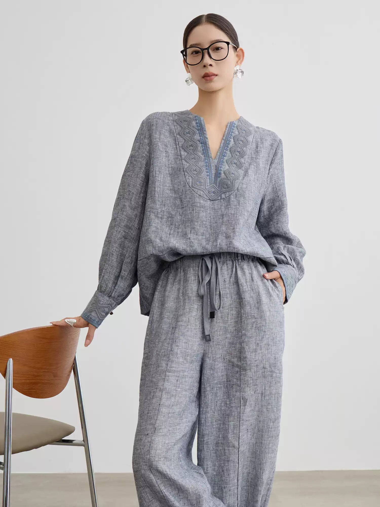 Grey Washed Linen Embroidered Set