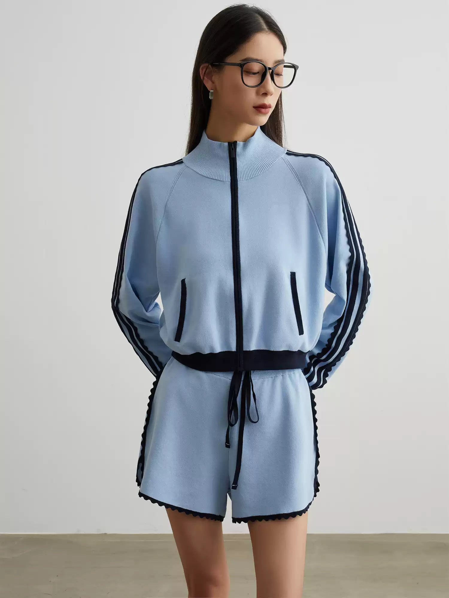 Blue & Black Zip-Up Training Set with Shorts