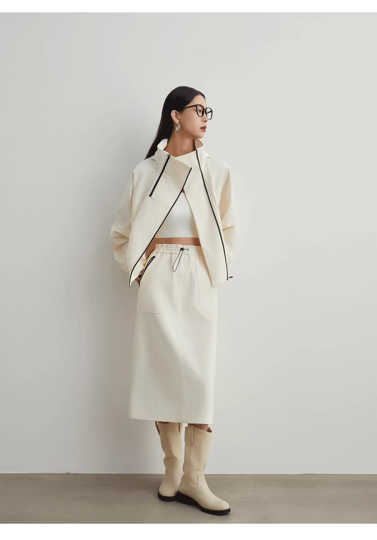 White asymmetrical jacket + skirt set