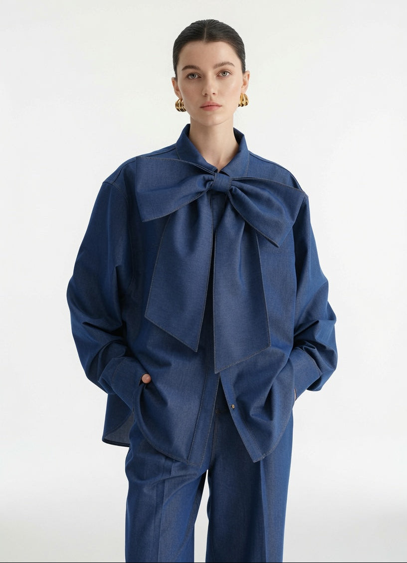 Blue Denim Bow Blouse