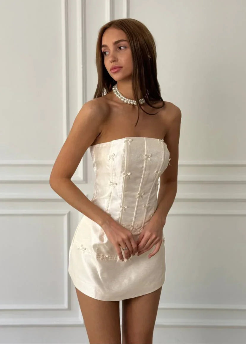 Embroidered Satin Strapless Mini Dress