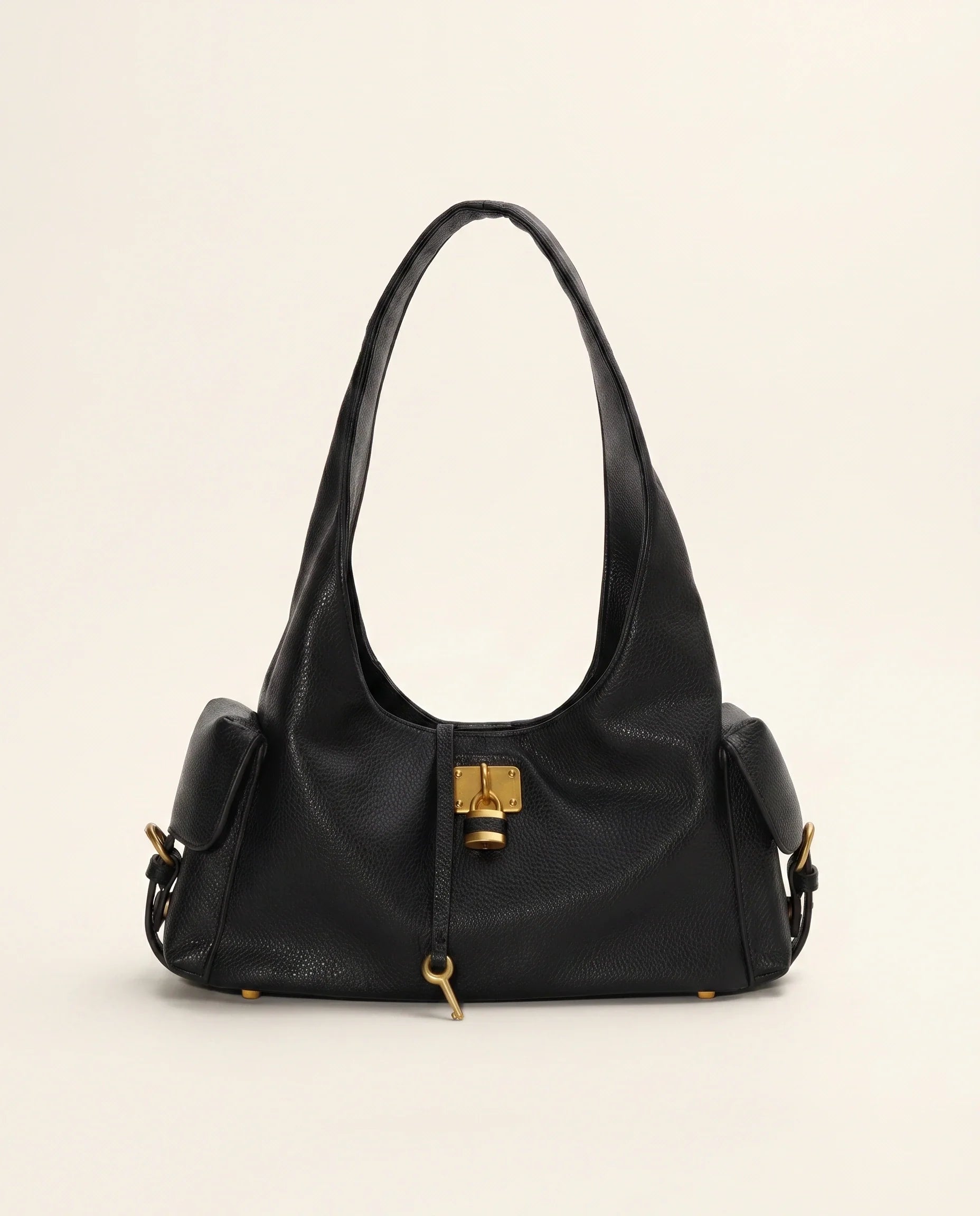 Black Leather Structured Shoulder Bag with Lock Detail in Black — front view