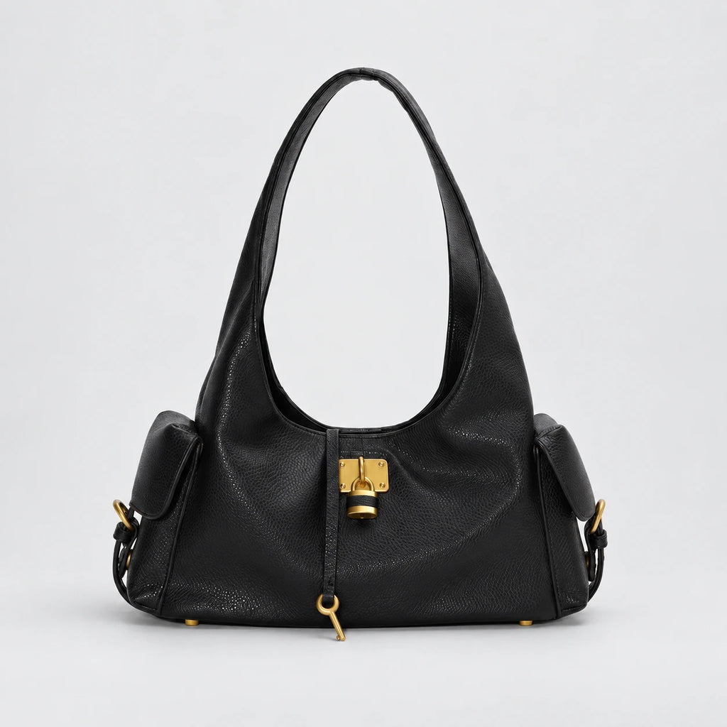 Black Leather Structured Shoulder Bag with Lock Detail in Black — front view