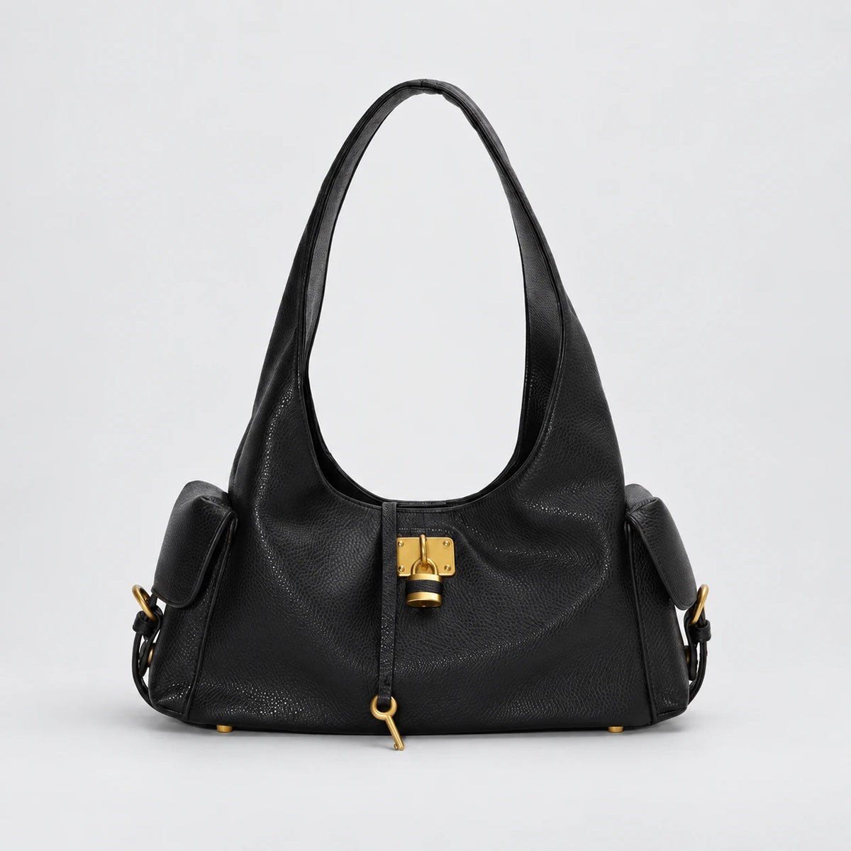 Black Leather Structured Shoulder Bag with Lock Detail in Black — front view