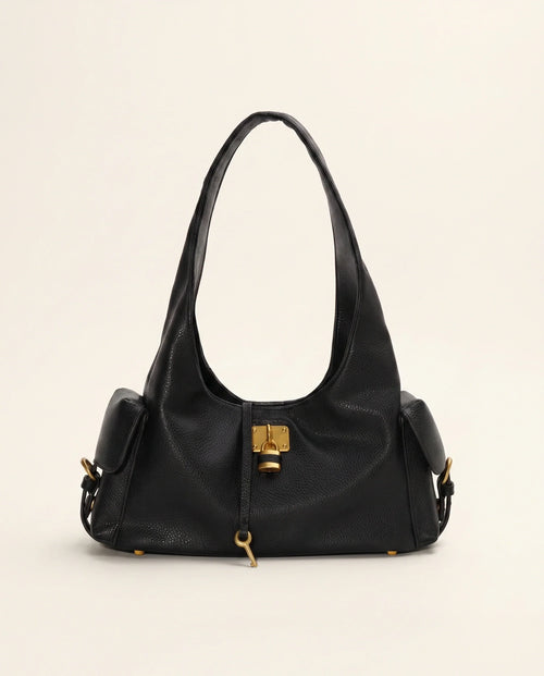 Black Leather Structured Shoulder Bag with Lock Detail in Black — front view