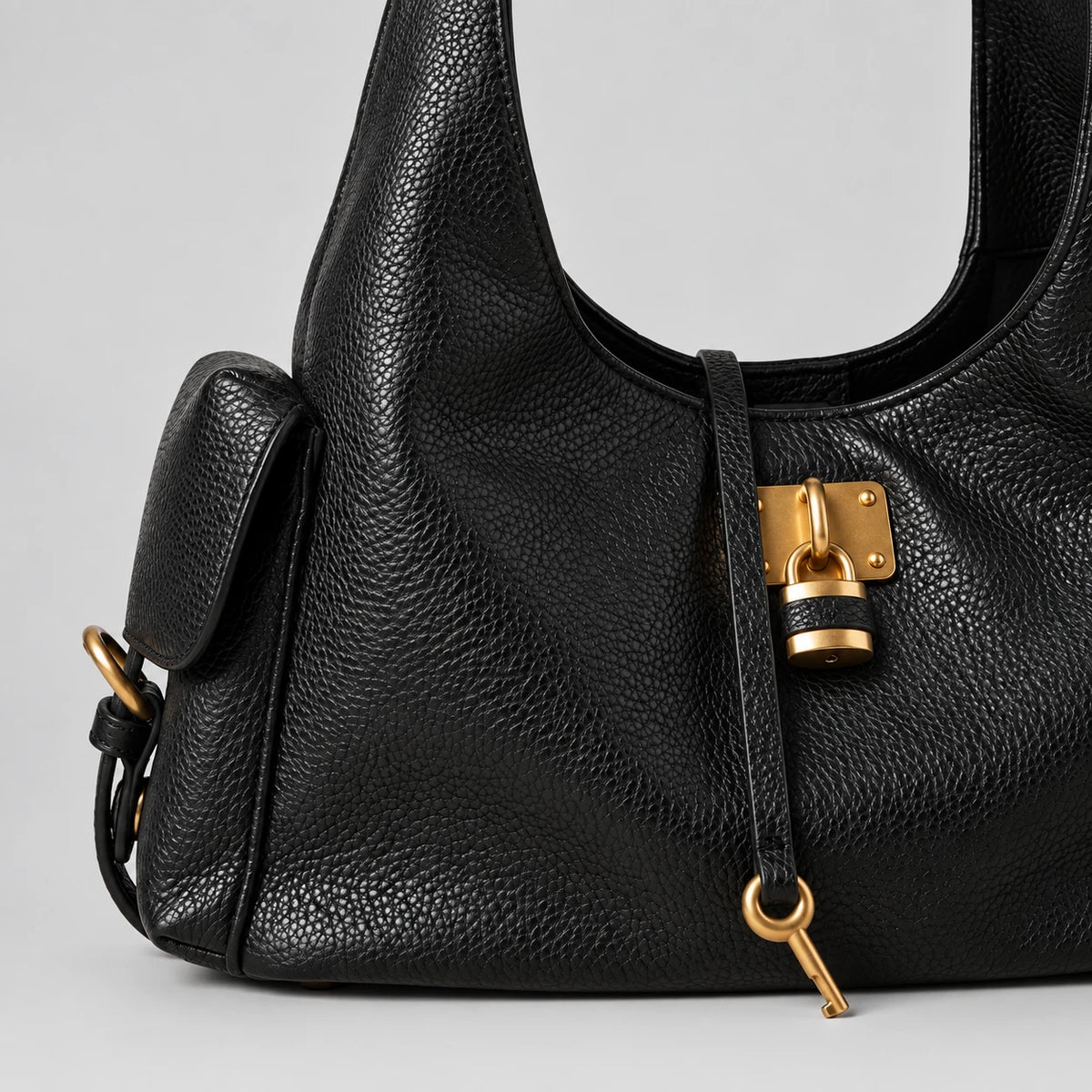 Black Leather Structured Shoulder Bag with Lock Detail in Black — detail close-up