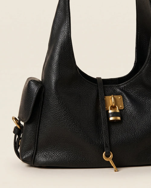 Black Leather Structured Shoulder Bag with Lock Detail in Black — detail close-up
