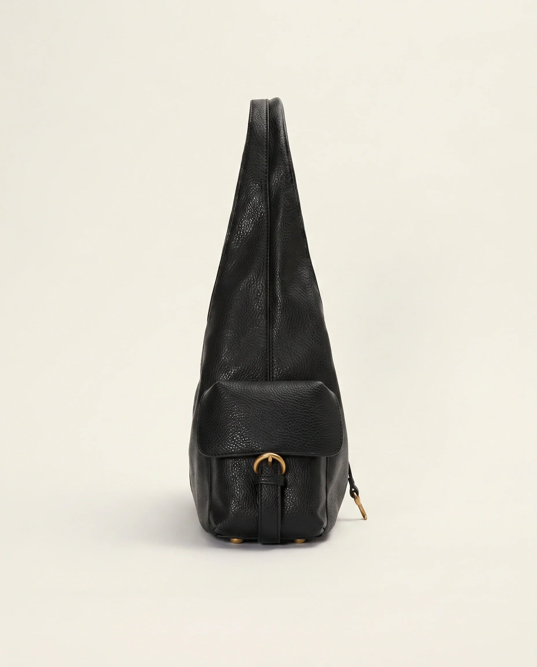 Black Leather Structured Shoulder Bag with Lock Detail in Black — side view