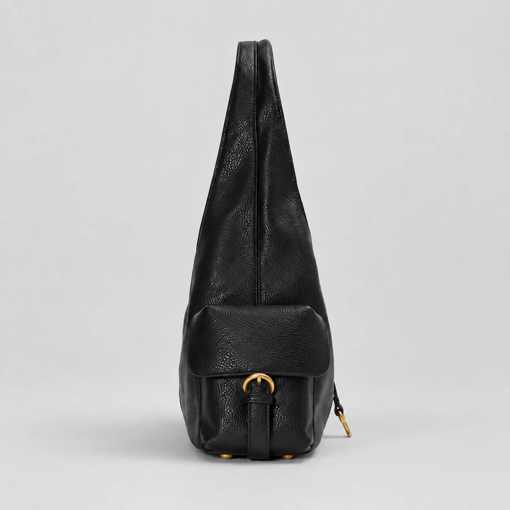 Black Leather Structured Shoulder Bag with Lock Detail in Black — side view