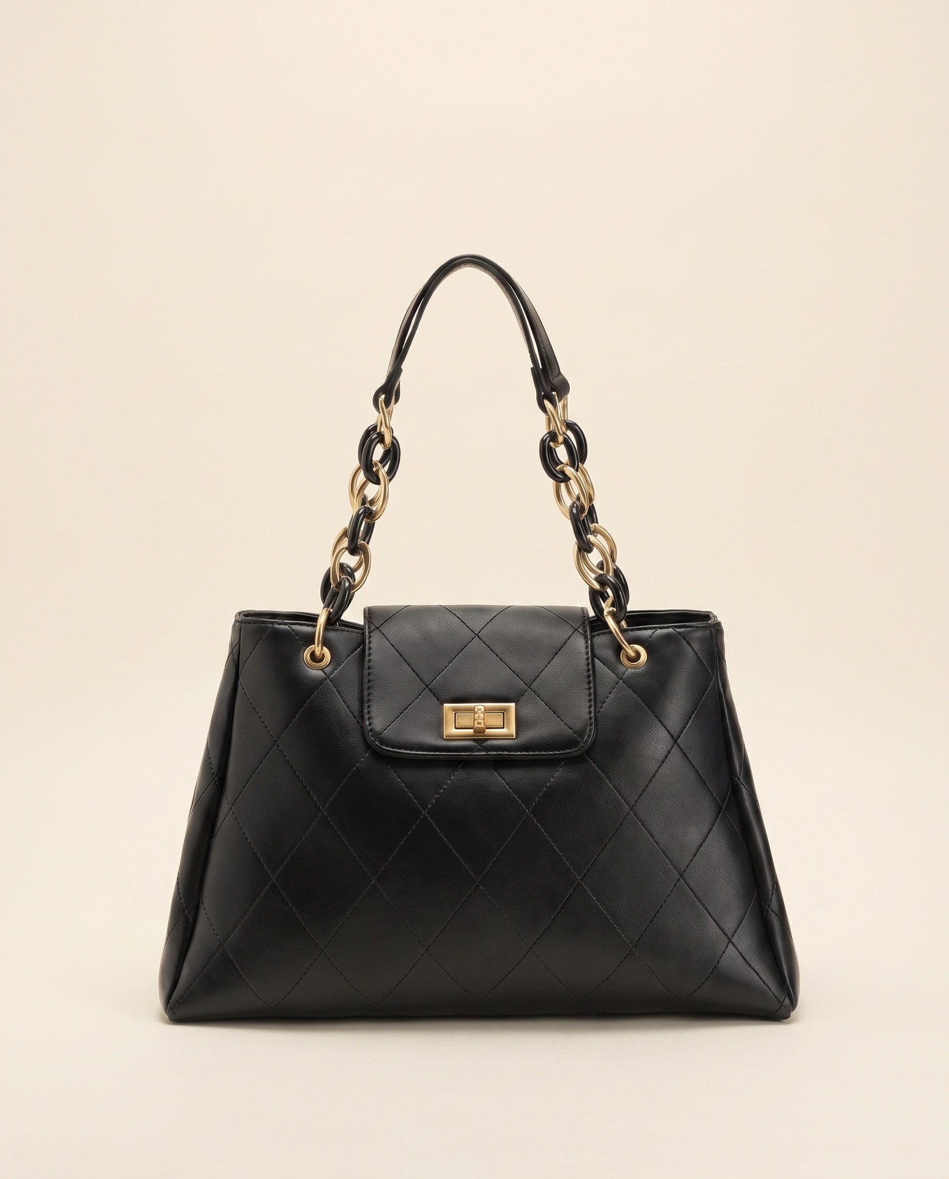 Black Quilted Chain Shoulder Bag in Black — front view