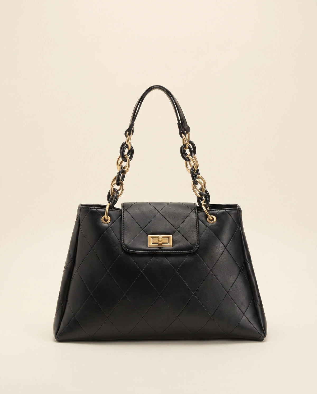 Black Quilted Chain Shoulder Bag in Black — front view