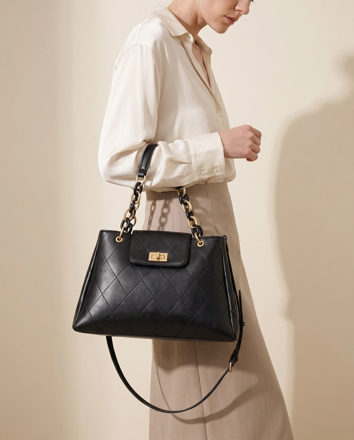 Black Quilted Chain Shoulder Bag in Black — worn by model