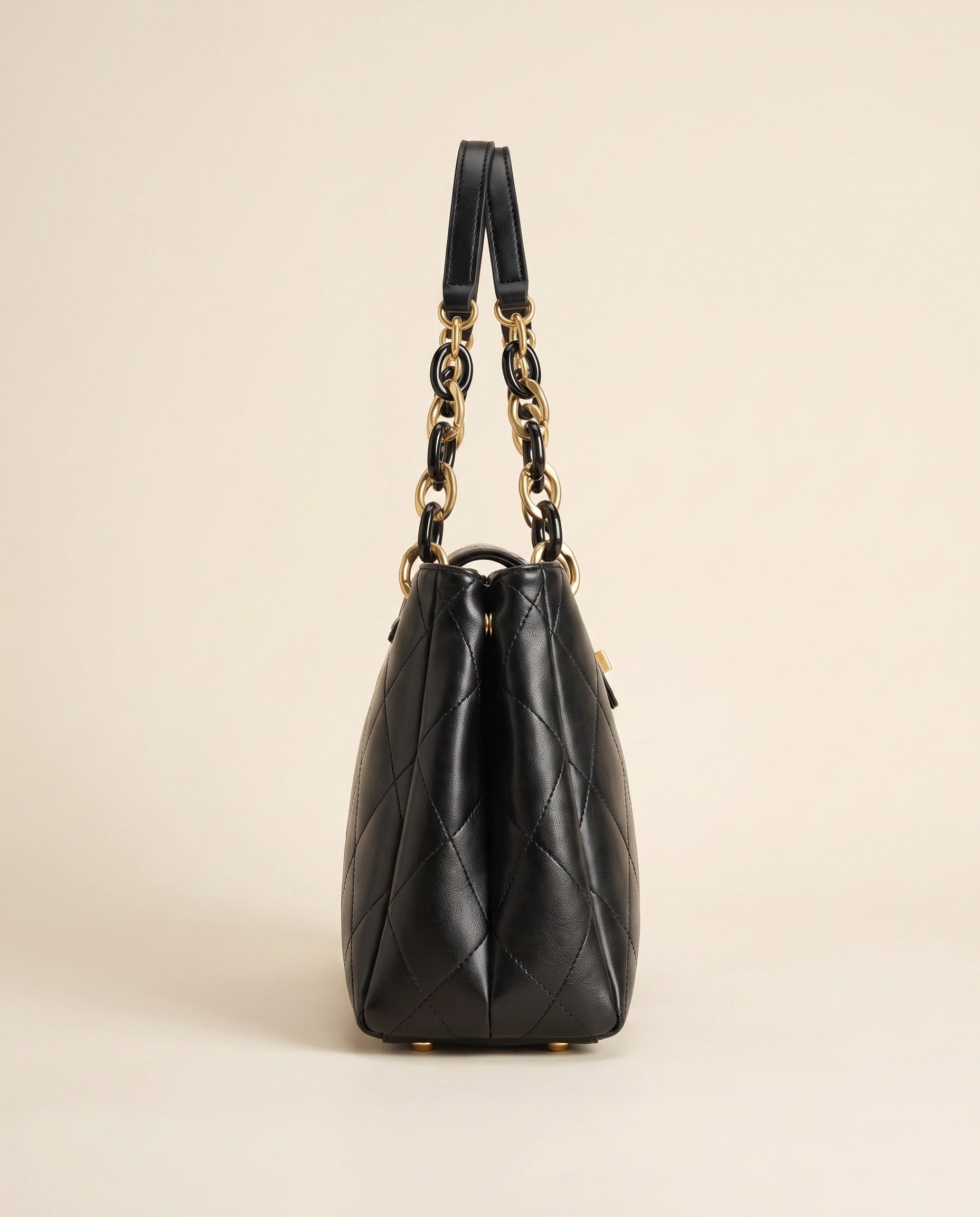 Black Quilted Chain Shoulder Bag in Black — side view