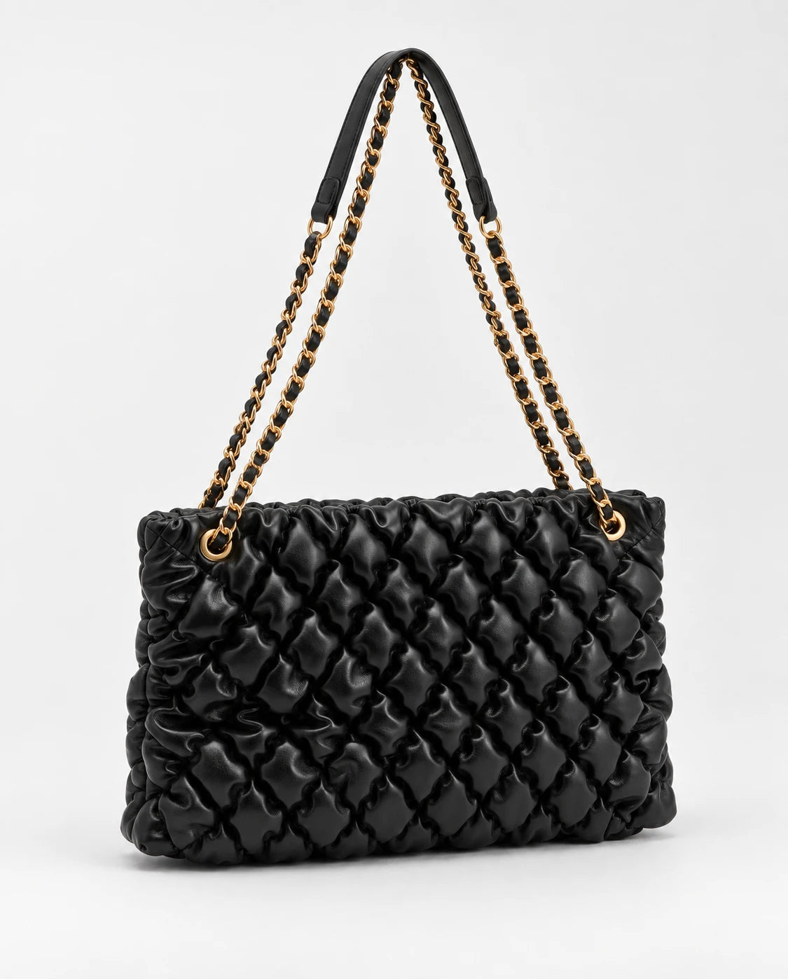 Black Quilted Ruched Cloud Shoulder Bag in Black — front view