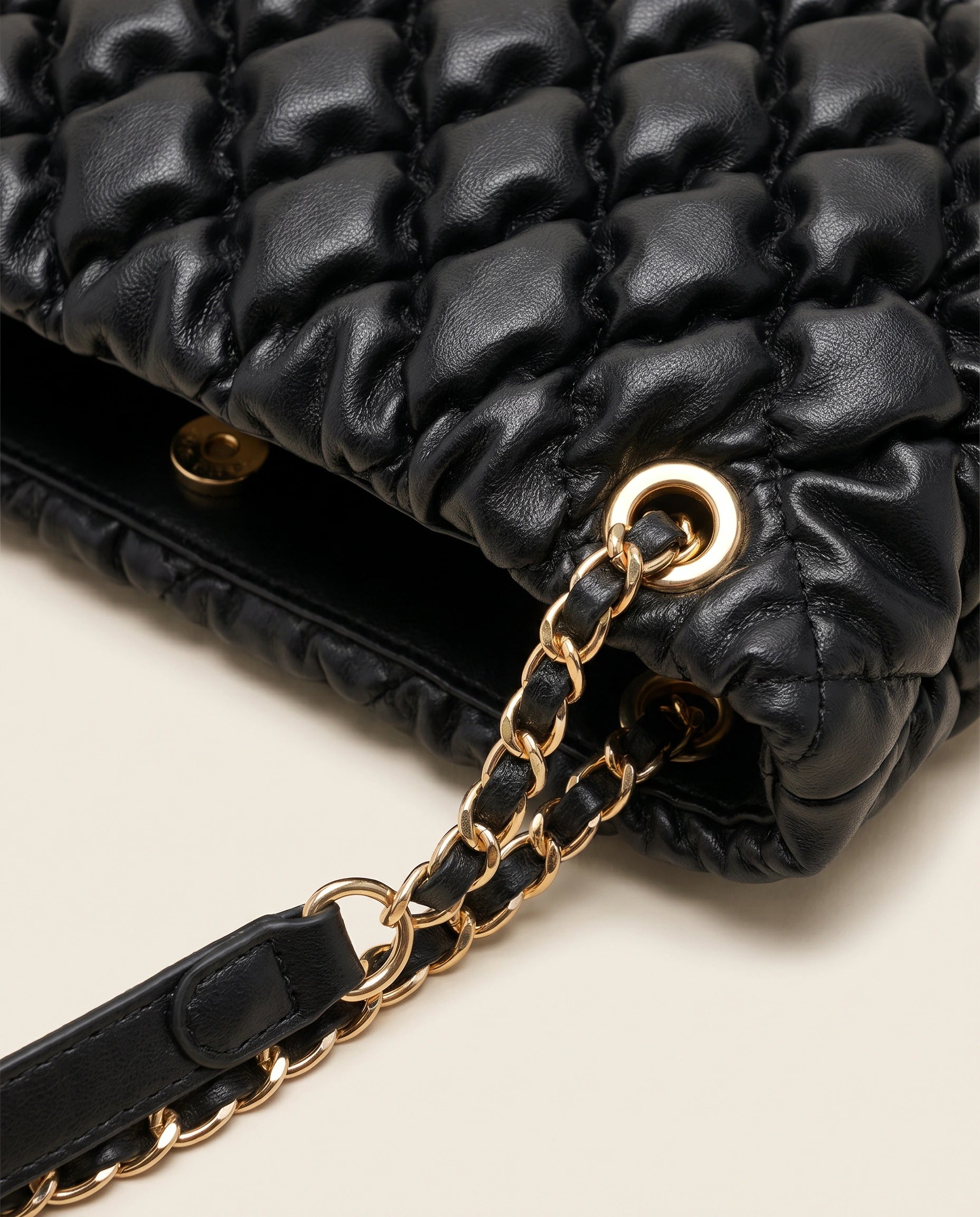 Black Quilted Ruched Cloud Shoulder Bag in Black — detail close-up