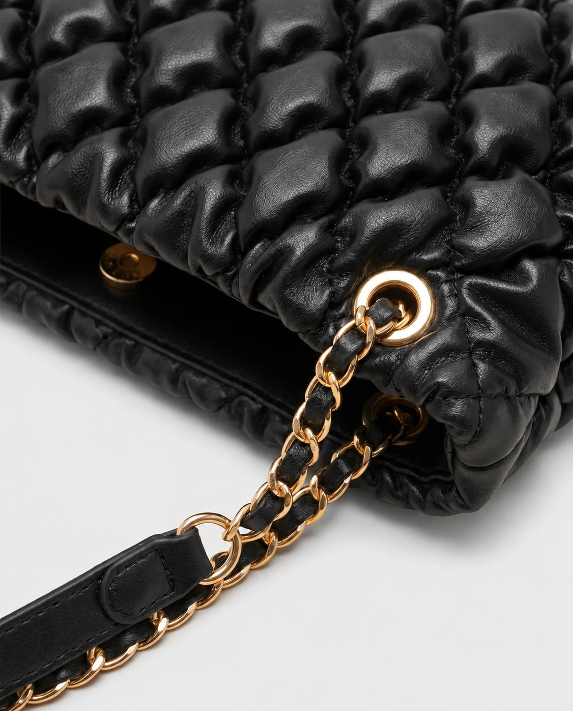 Black Quilted Ruched Cloud Shoulder Bag in Black — detail close-up