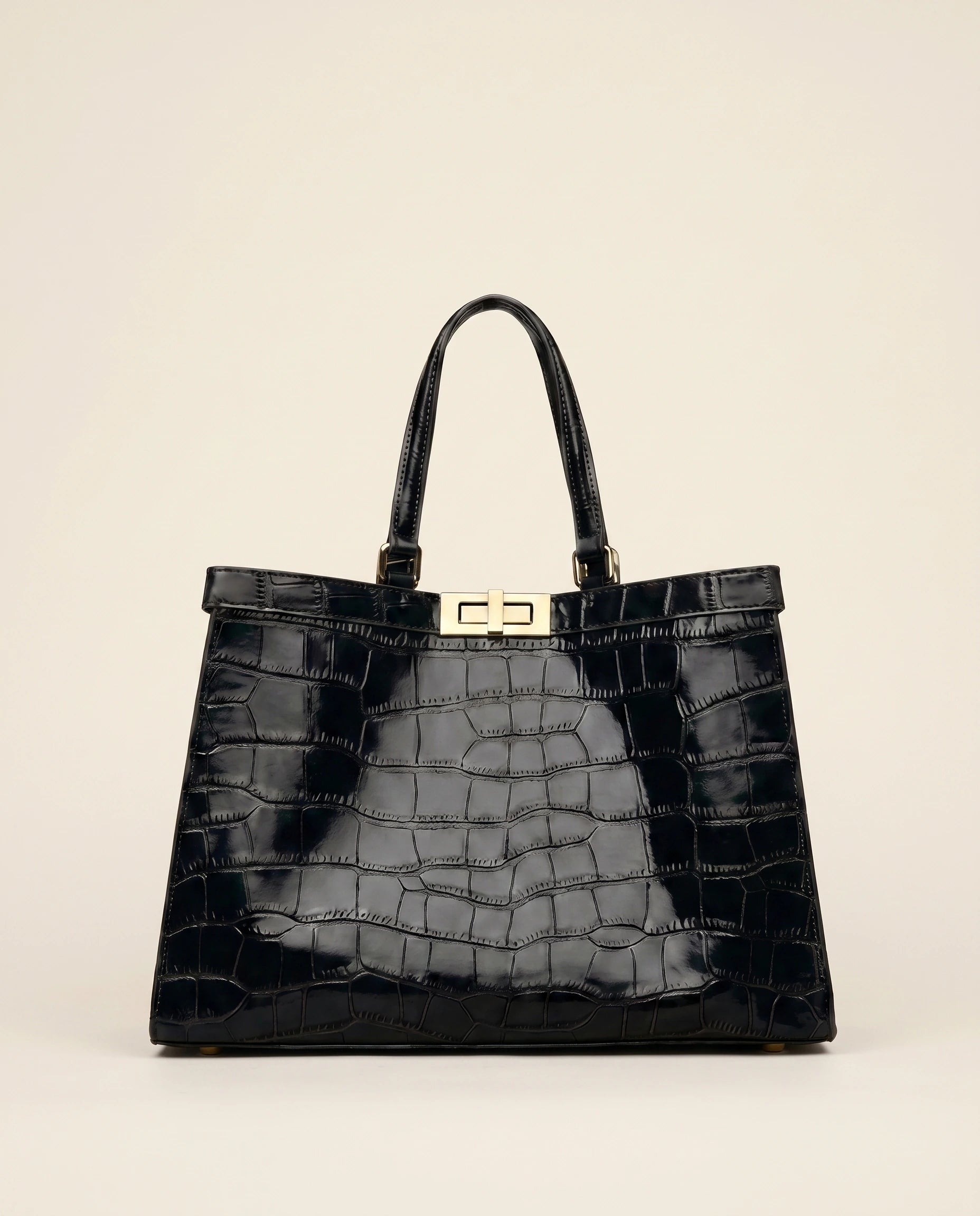 EMBOSSED CROCODILE LEATHER TOTE BAG in Black — front view