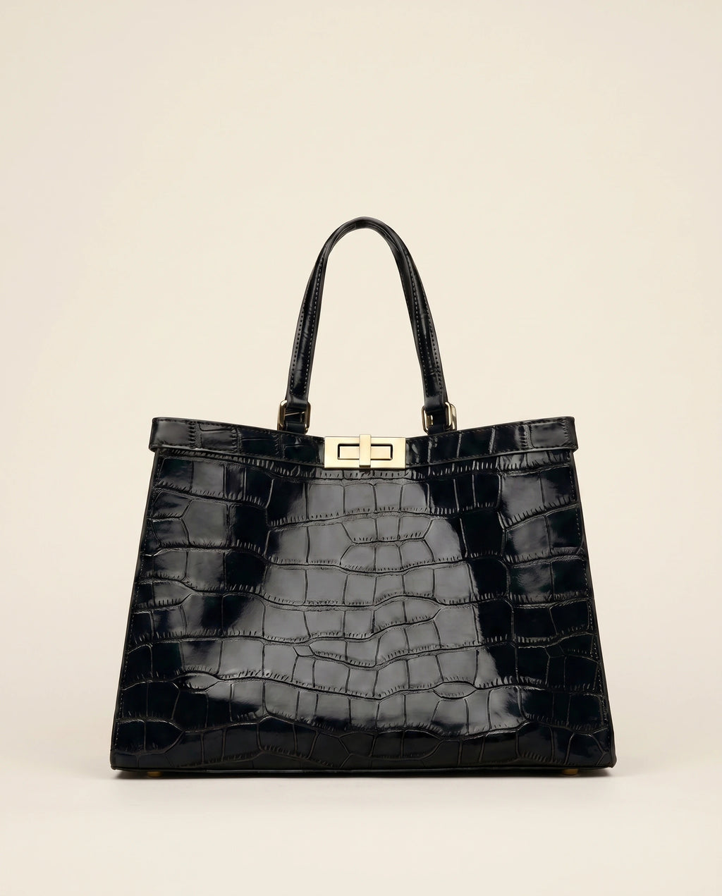 EMBOSSED CROCODILE LEATHER TOTE BAG in Black — front view